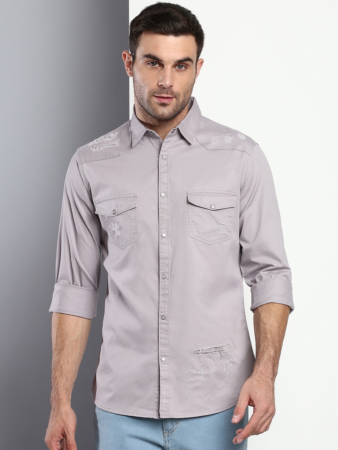 Dennis Lingo Men Grey Slim Fit Casual Shirt