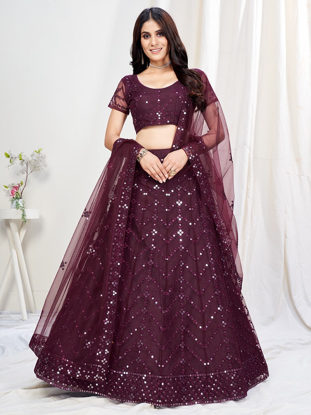 WHITE FIRE Purple & Silver-Toned Embroidered Thread Work Semi-Stitched Lehenga & Unstitched Blouse With
WHITE FIRE Purple & Silver-Toned Embroidered Thread Work Semi-Stitched Lehenga & Unstitched Blouse With