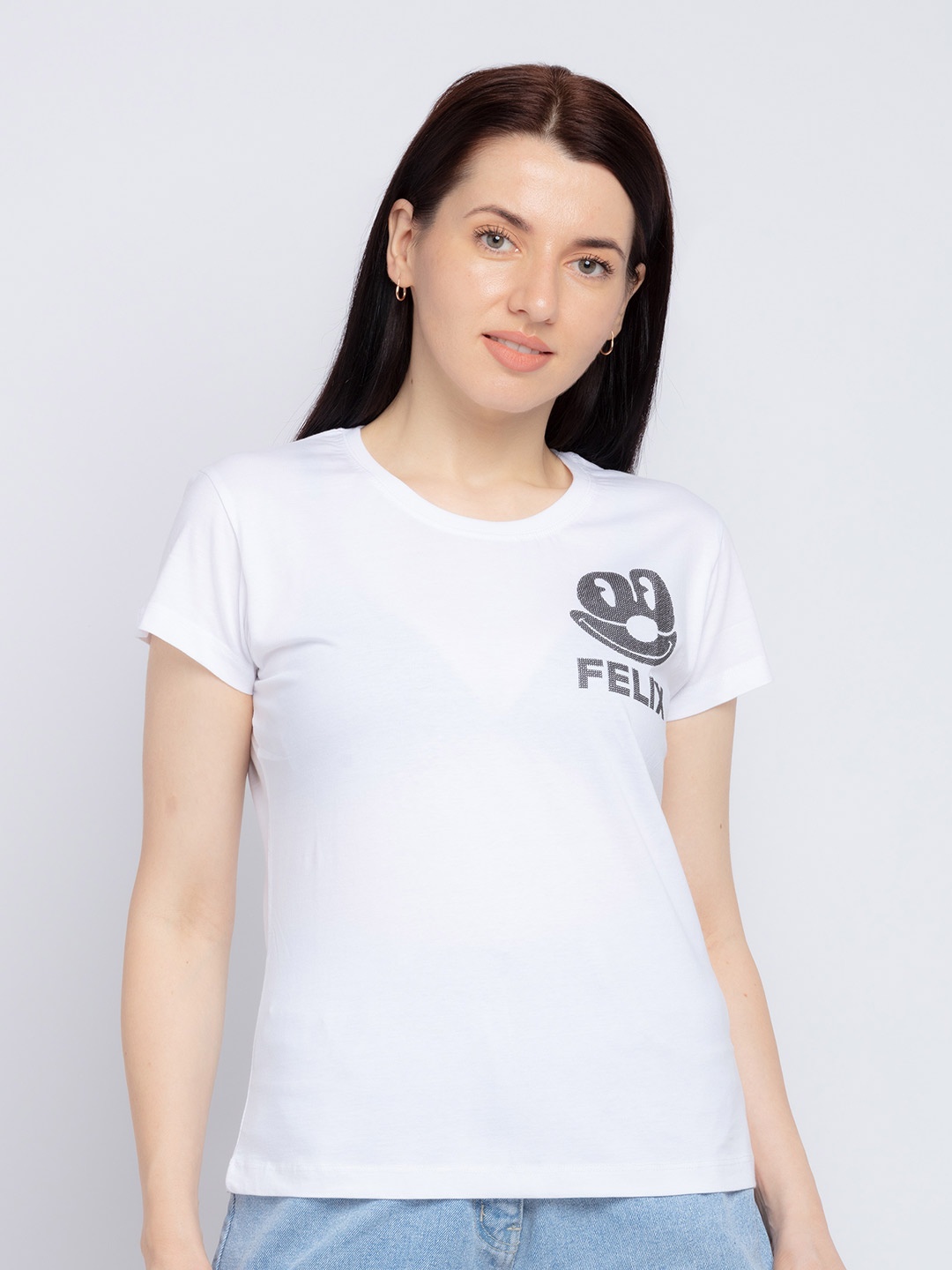 Status Quo Women White Typography Applique T-shirt