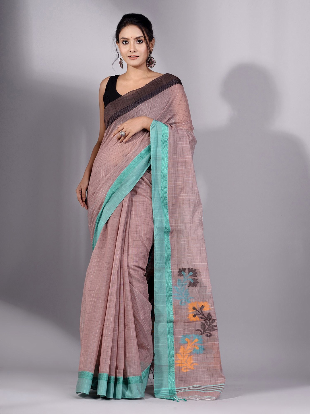 Charukriti Pink & Blue Woven Design Pure Cotton Saree