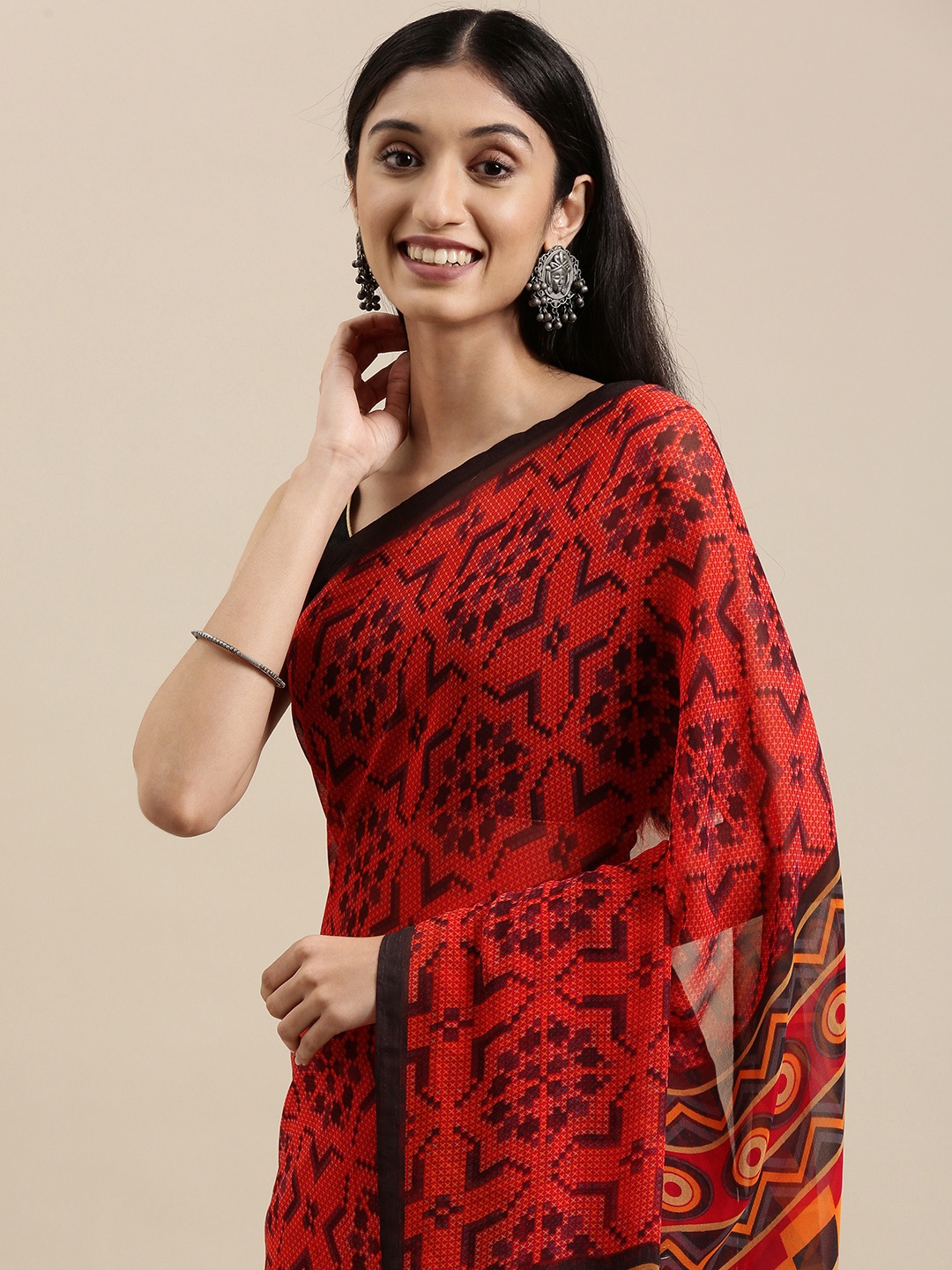Shaily Coral Red & Black Ethnic Motifs Saree With Unstitched Blouse