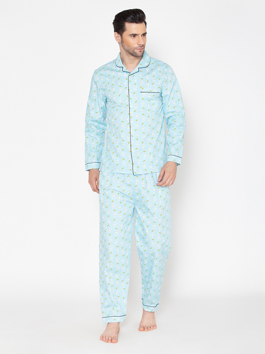 Fluffalump Men Blue & White Printed Night suit