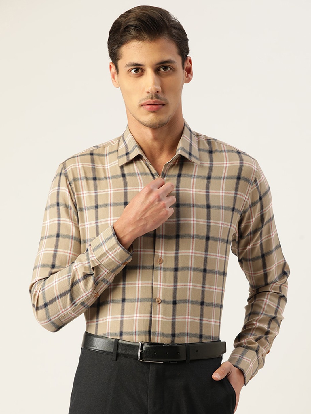 JAINISH Men Beige Standard Tartan Checks Checked Formal Shirt