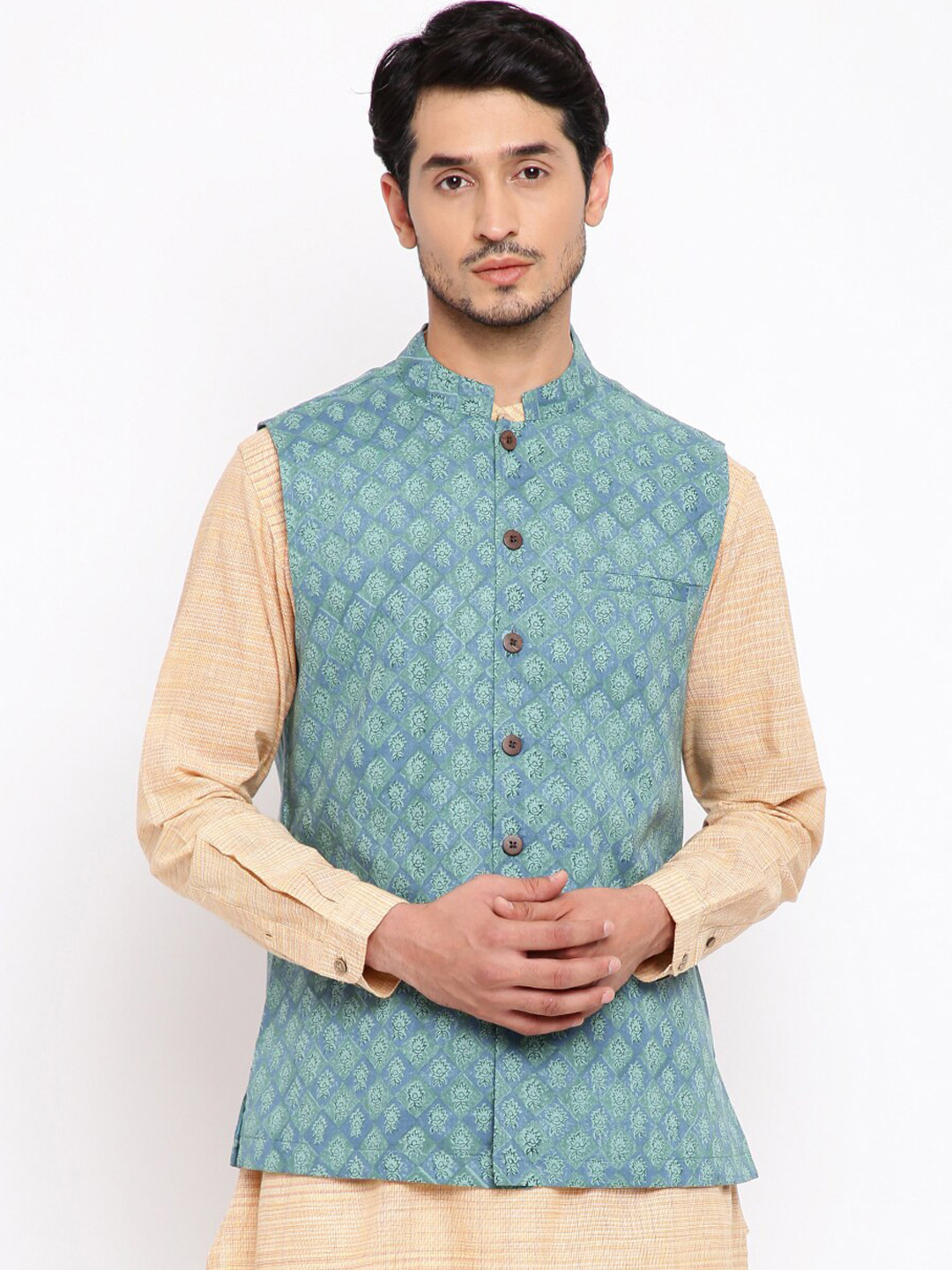Fabindia Men Teal Printed Cotton Nehru Jacket
Fabindia Men Teal Printed Cotton Nehru Jacket