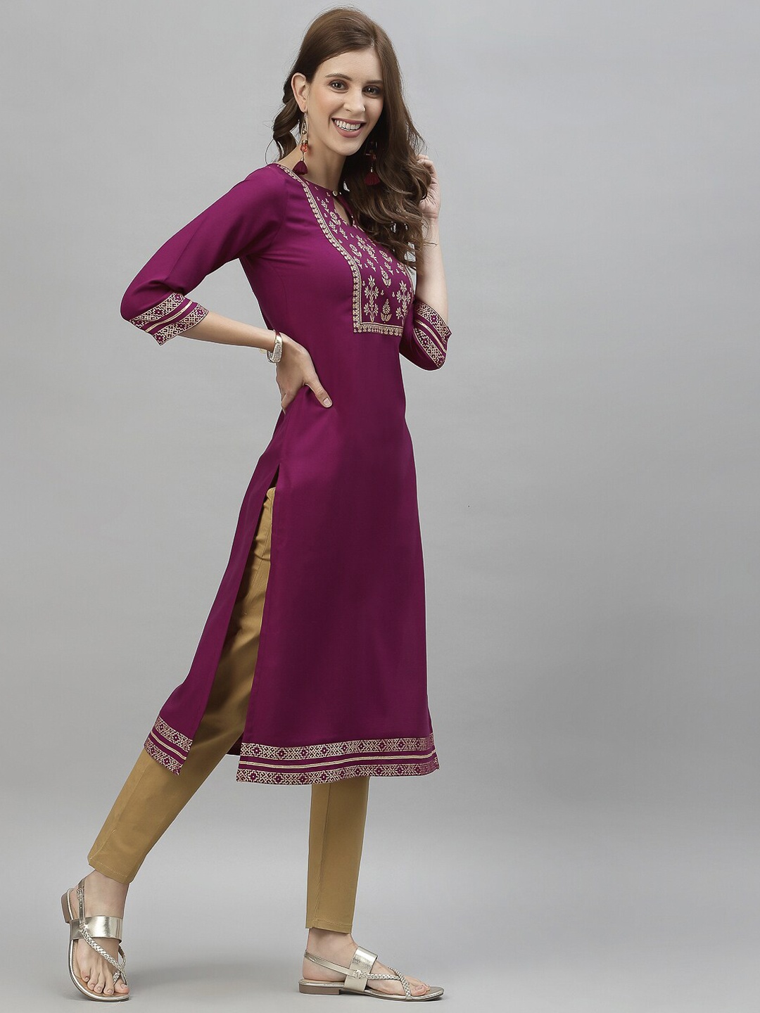 SANISA Women Magenta Floral Yoke Design Keyhole Neck Kurta