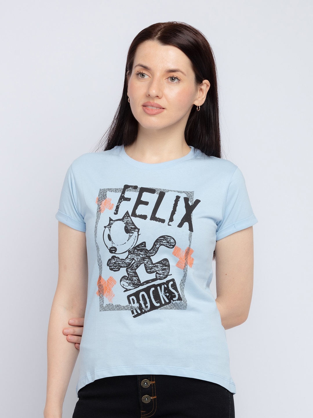 Status Quo Women Blue Felix The Cat Printed T-shirt