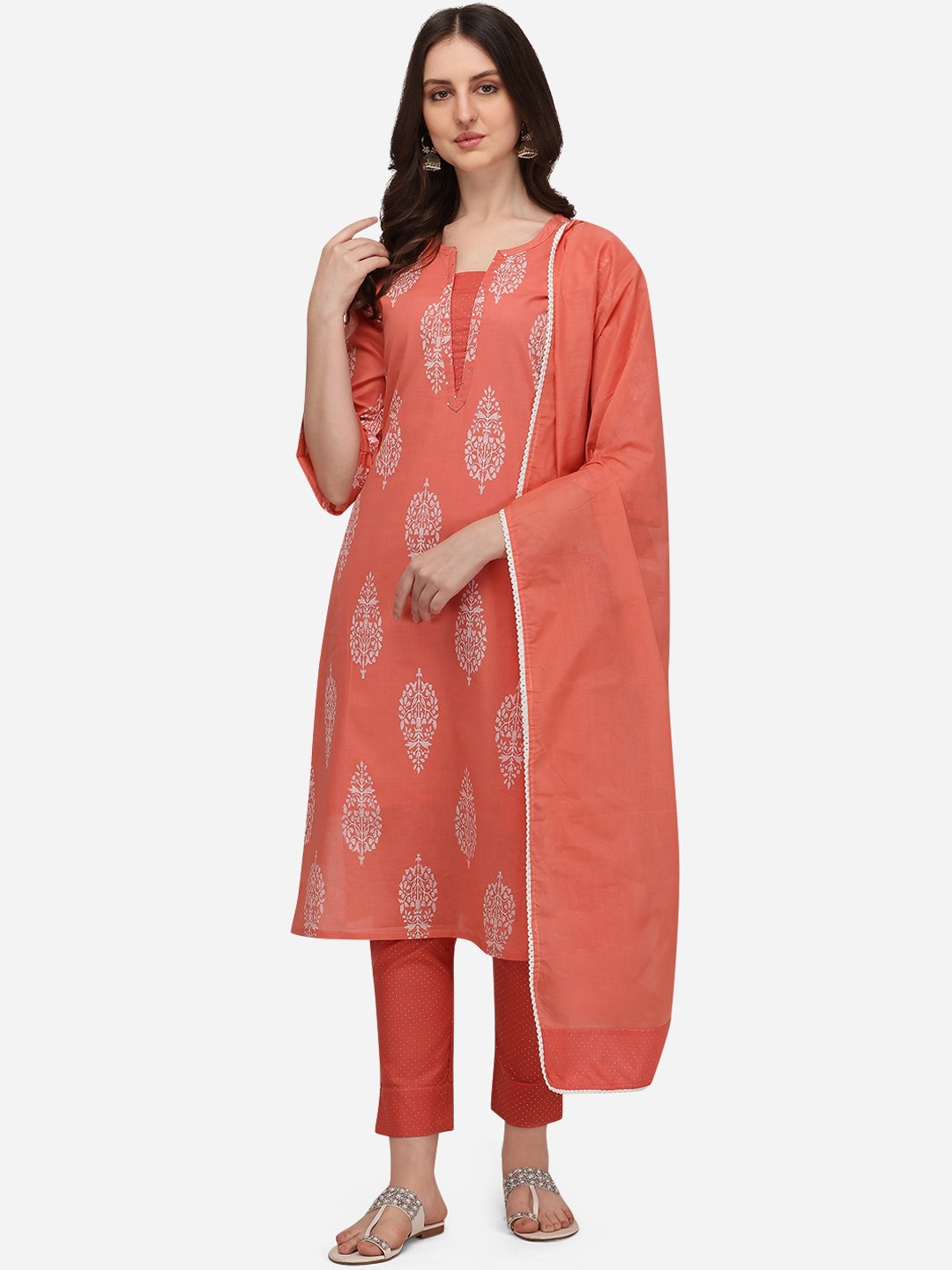 Pure 9 Women Peach-Coloured Ethnic Motifs Printed Sequinned Pure Cotton Kurti with Trousers & With Dupatta
Pure 9 Women Peach-Coloured Ethnic Motifs Printed Sequinned Pure Cotton Kurti with Trousers & With Dupatta