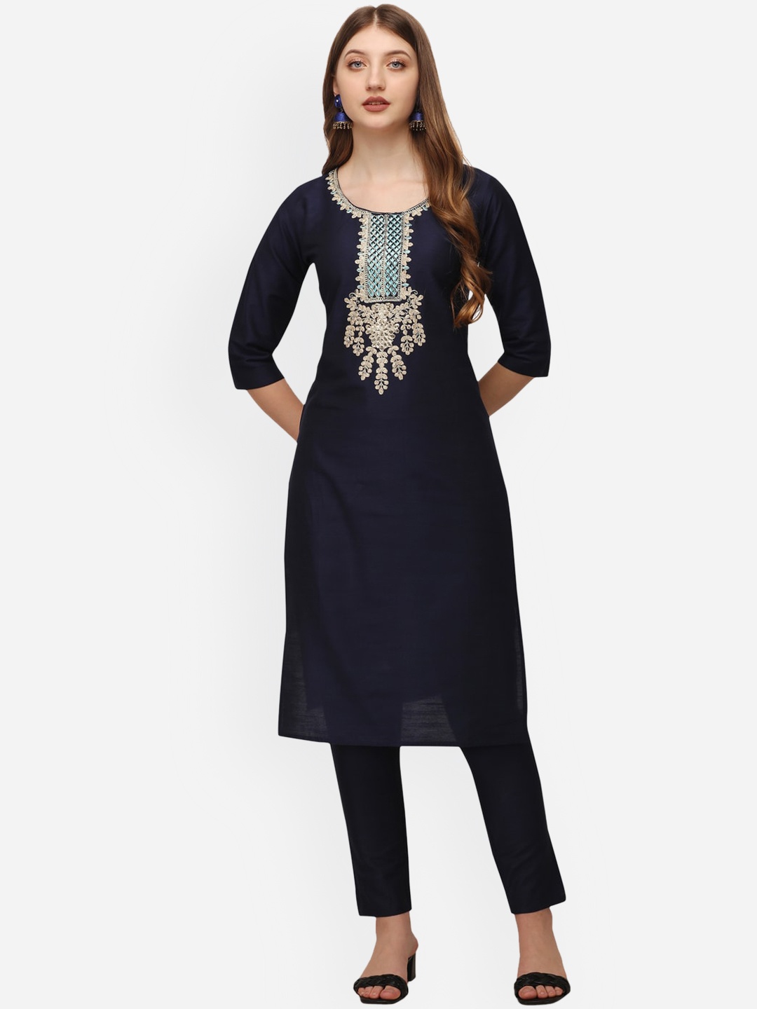 POONAM DESIGNER Women Navy Blue Ethnic Motifs Yoke Design Thread Work Kurti with Trousers
POONAM DESIGNER Women Navy Blue Ethnic Motifs Yoke Design Thread Work Kurti with Trousers