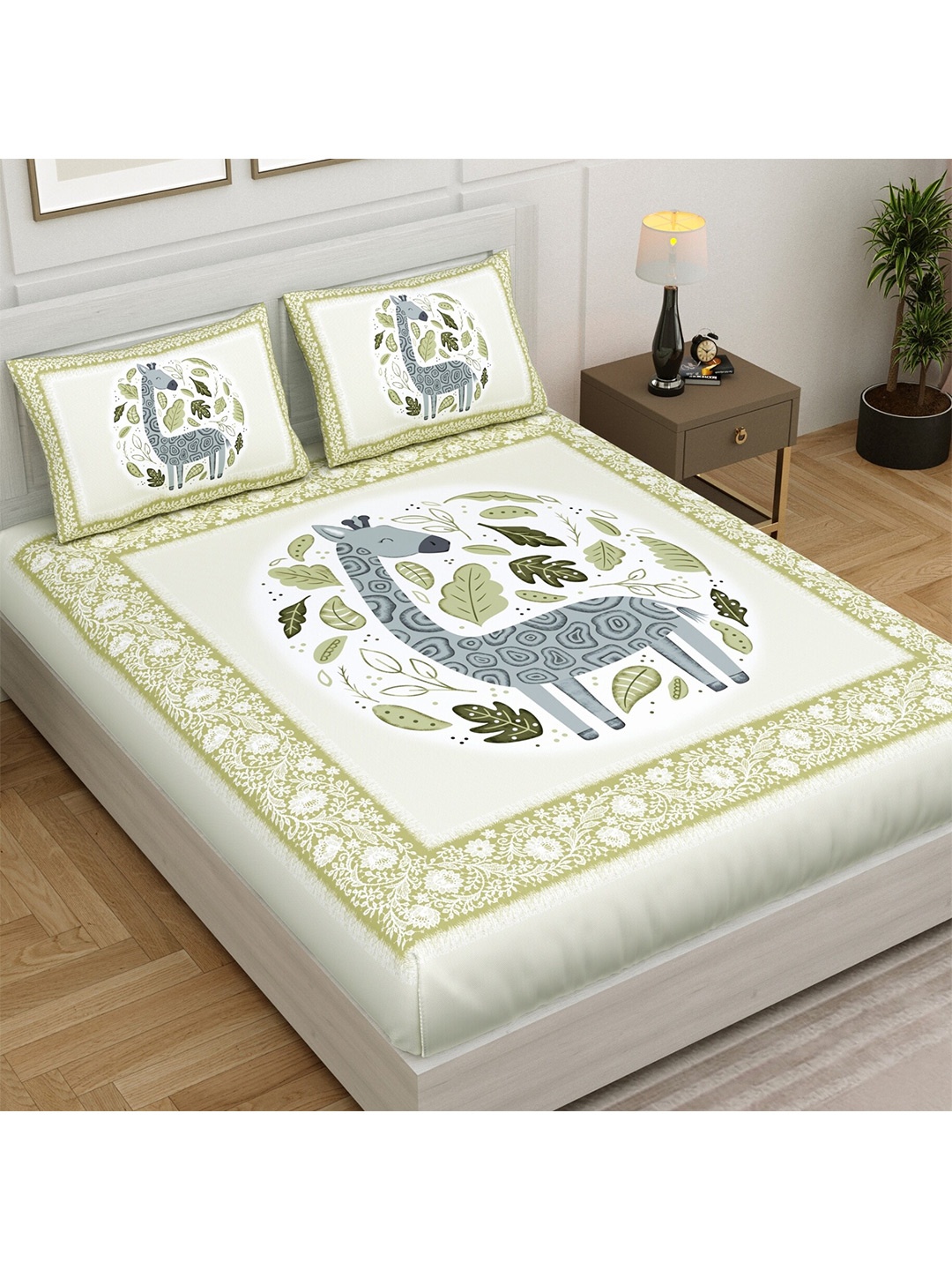 Aura Off White & Green Cartoon Characters 140 TC Queen Bedsheet with 2 Pillow Covers
Aura Off White & Green Cartoon Characters 140 TC Queen Bedsheet with 2 Pillow Covers