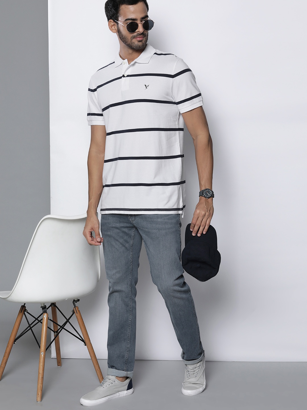 AMERICAN EAGLE OUTFITTERS Men White & Navy Blue Striped Polo Collar Standard Fit T-shirt
AMERICAN EAGLE OUTFITTERS Men White & Navy Blue Striped Polo Collar Standard Fit T-shirt