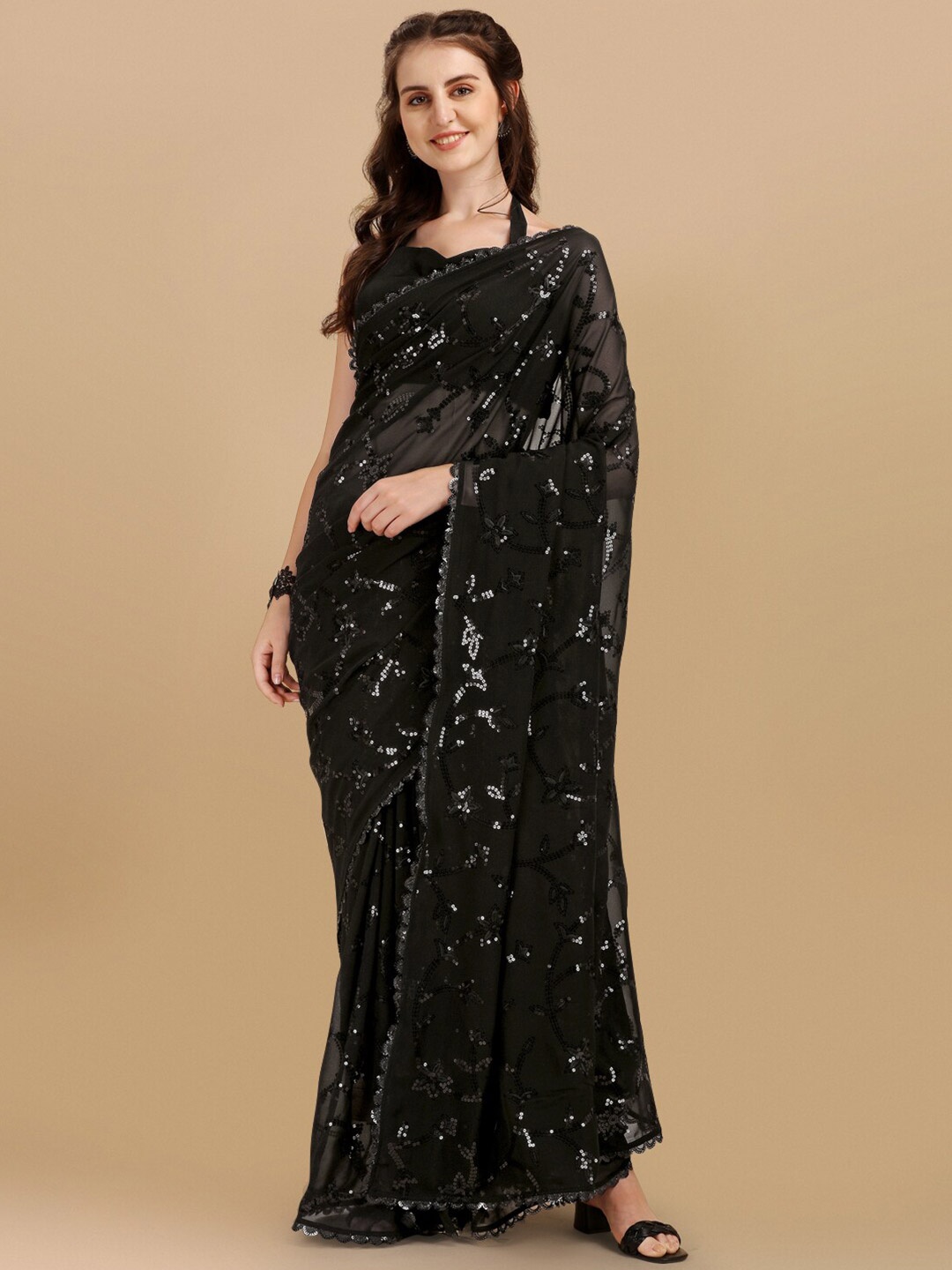Inddus Black Floral Embroidered Sequinned Saree