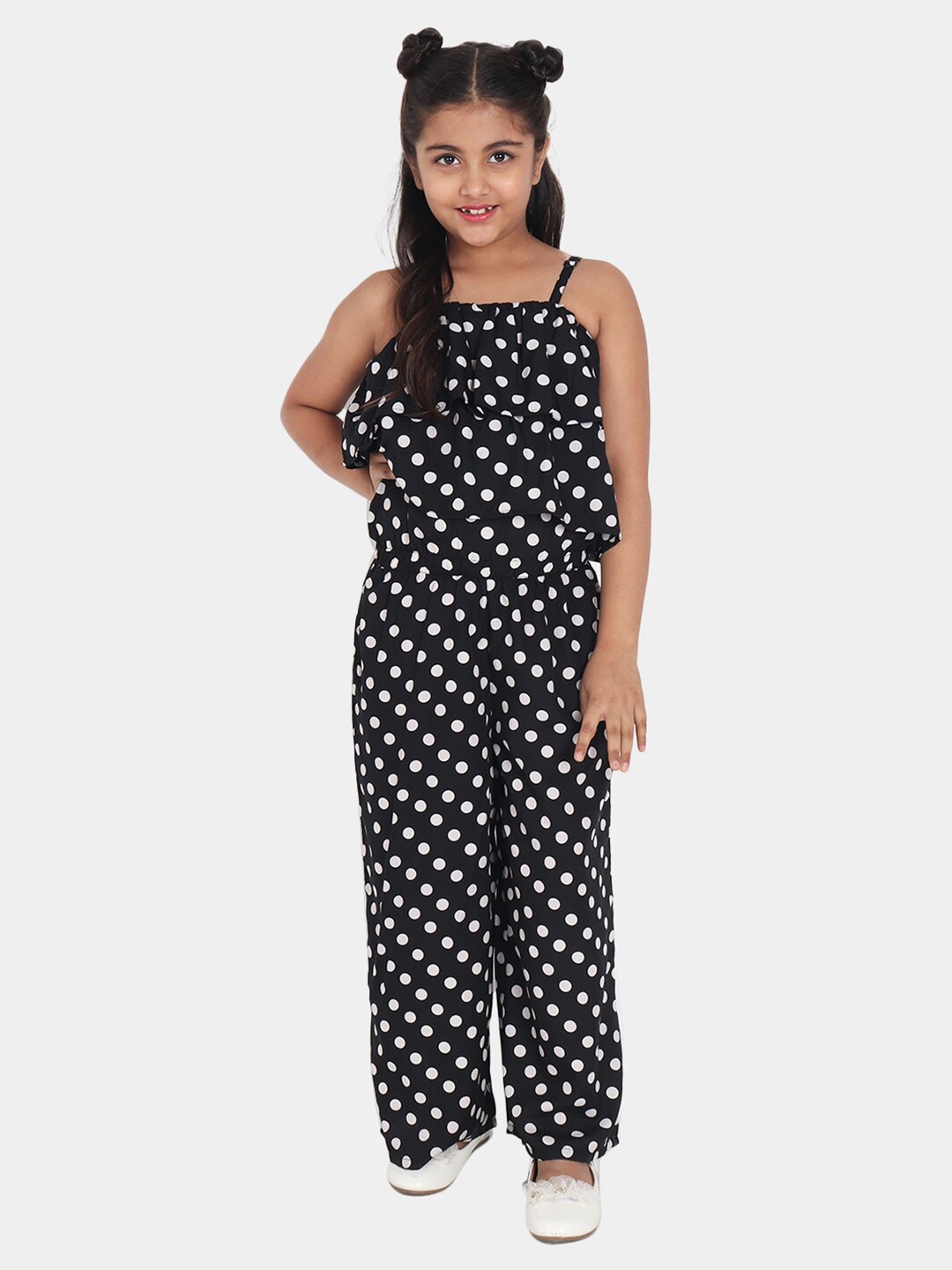 YK Girls Black & White Polka Ruffle Jumpsuit