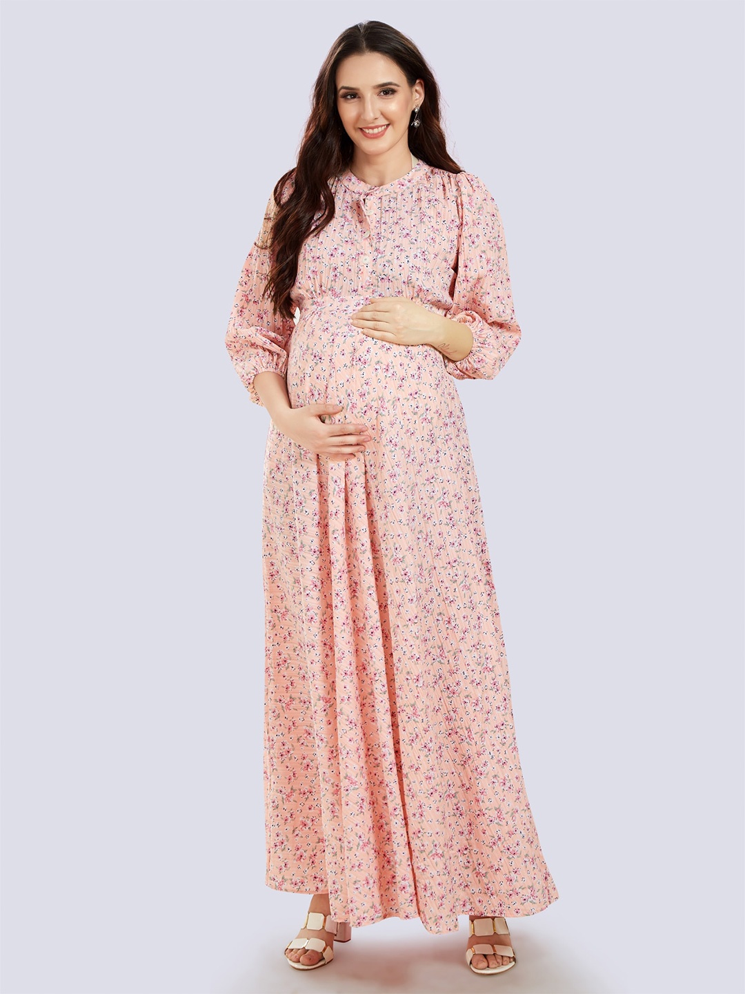 Mom For Sure by Ketki Dalal Peach-Coloured Floral Maternity Maxi Dress