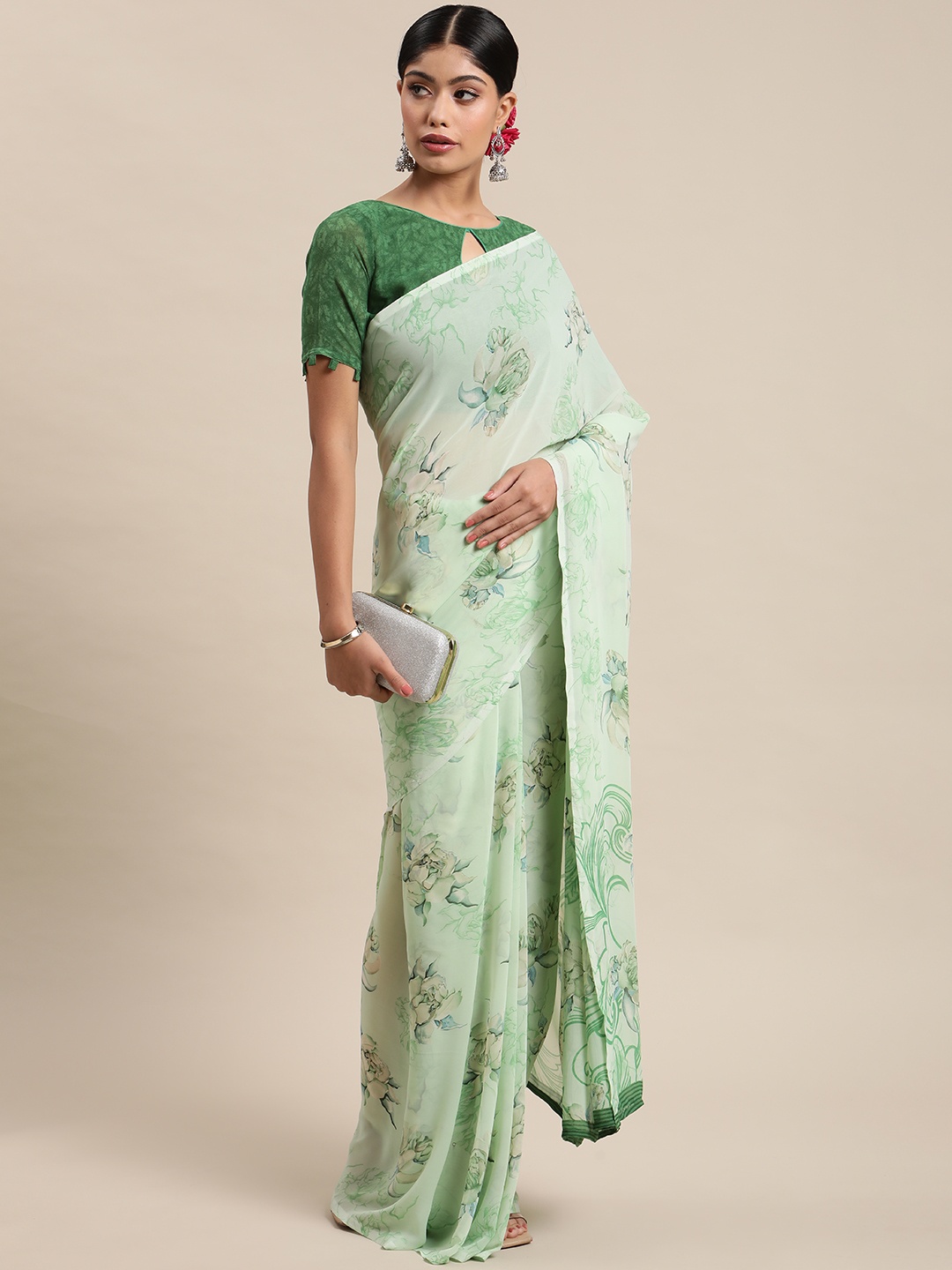 Mitera Sea Green Floral Saree