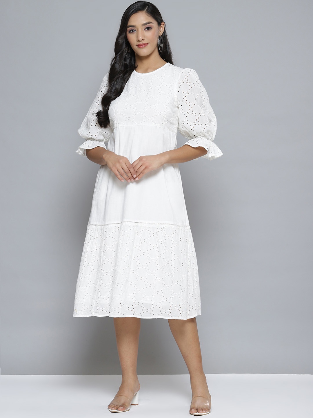 Femella White Embroidered Cotton Midi Dress