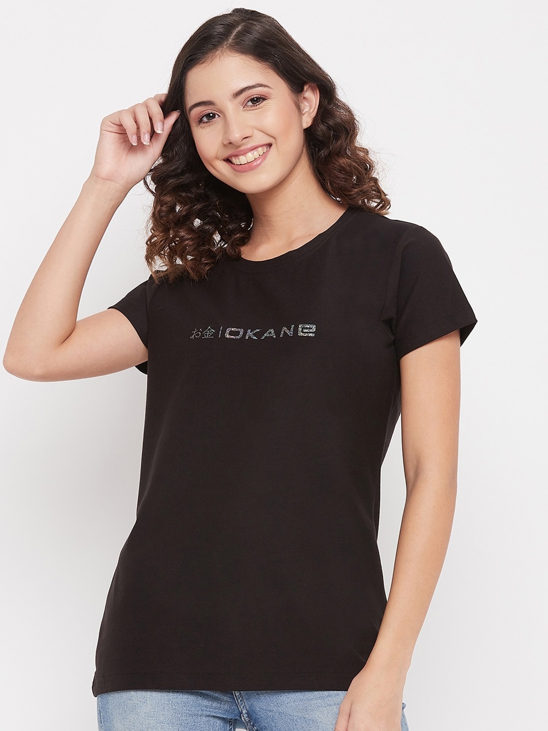 Okane Women Black Typography Short Sleeves T-shirt