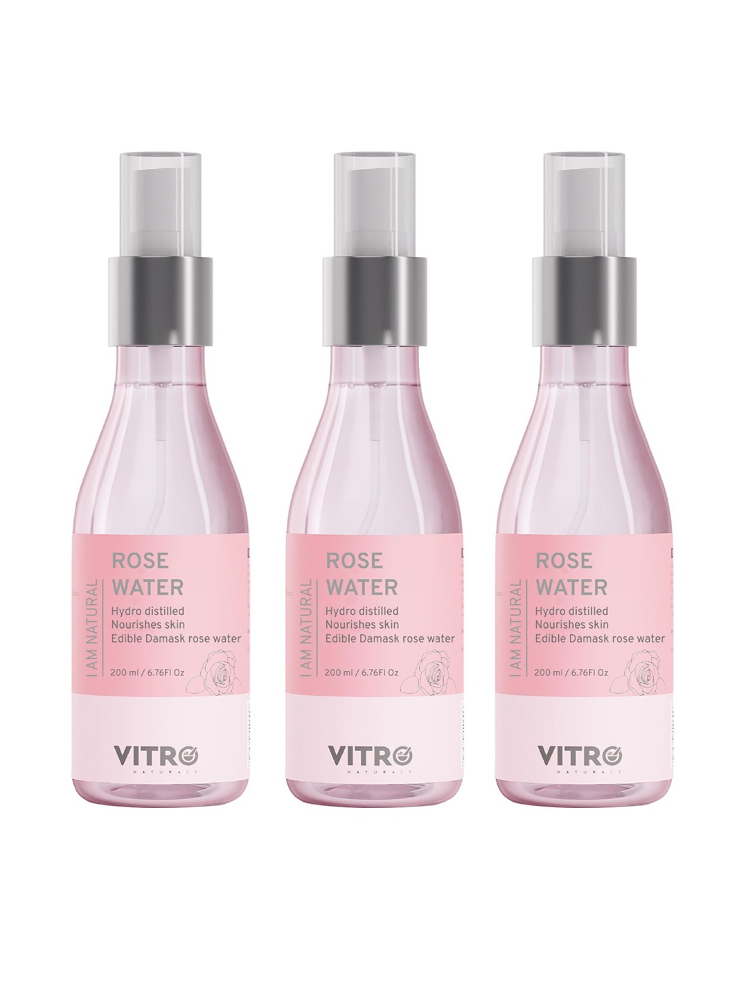 VITRO Set of 3 Hydro Distilled Edible Damask Rose Water Sprays - 200 ml each, Pink
VITRO Set of 3 Hydro Distilled Edible Damask Rose Water Sprays - 200 ml each, Pink