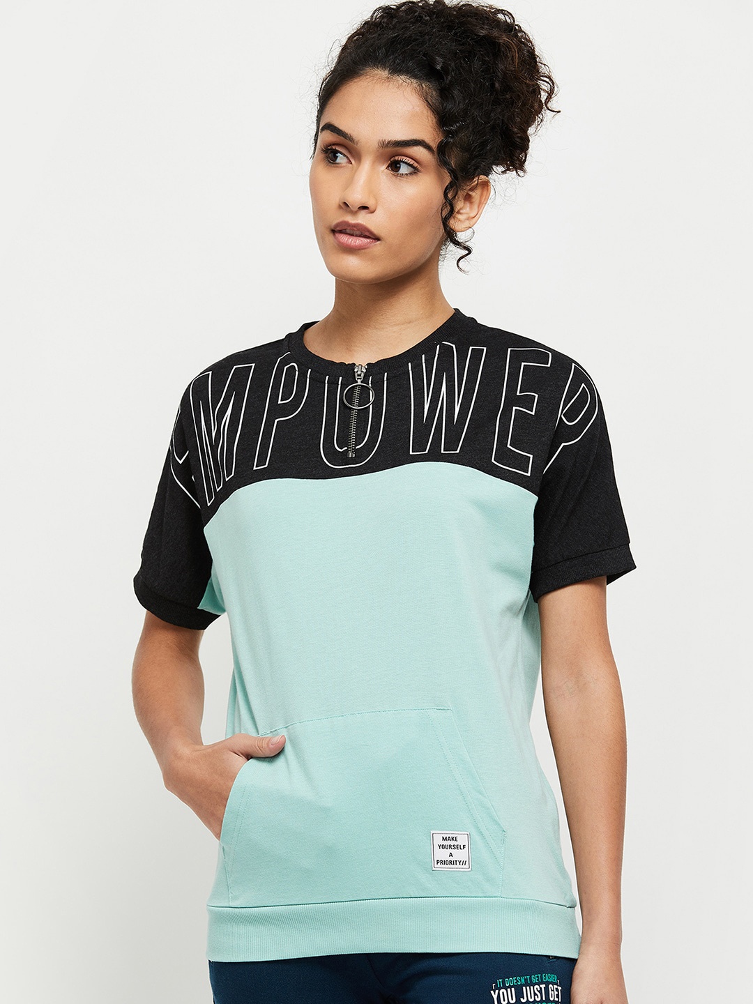 max Women Sage Green & Black Typography Printed Kangaroo Pocket Extended sleeves T-shirt
max Women Sage Green & Black Typography Printed Kangaroo Pocket Extended sleeves T-shirt