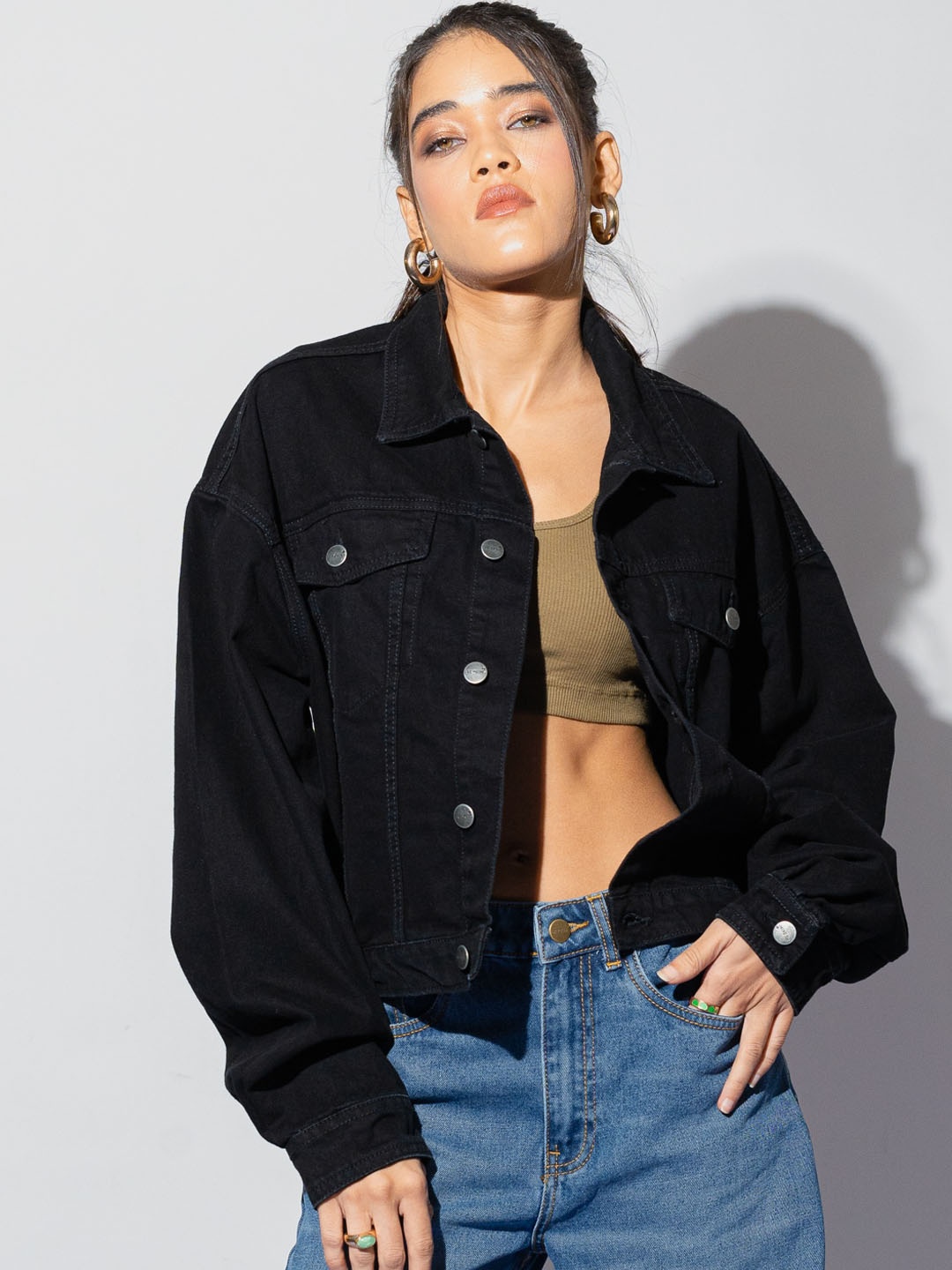 FREAKINS Women Black Spread Collar Full Sleeve Button Closure Solid Denim Truckers Jacket
FREAKINS Women Black Spread Collar Full Sleeve Button Closure Solid Denim Truckers Jacket