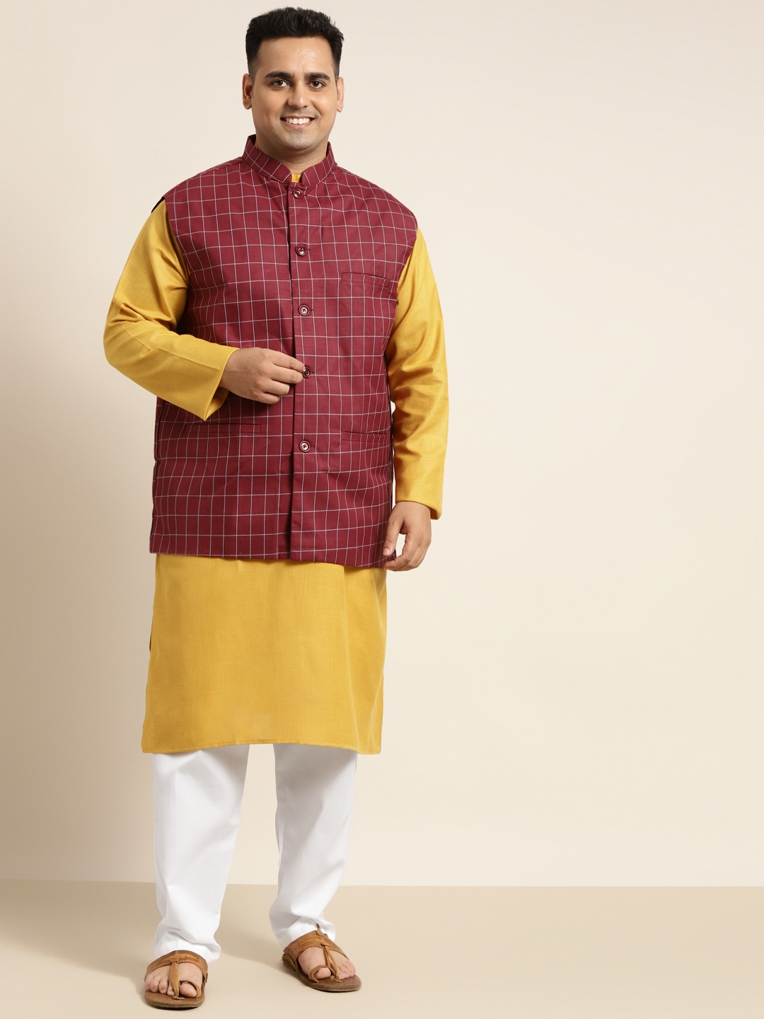 SOJANYA PLUS Men Plus Size Mustard Yellow Kurta with Churidar Comes With a Nehru Jacket
SOJANYA PLUS Men Plus Size Mustard Yellow Kurta with Churidar Comes With a Nehru Jacket