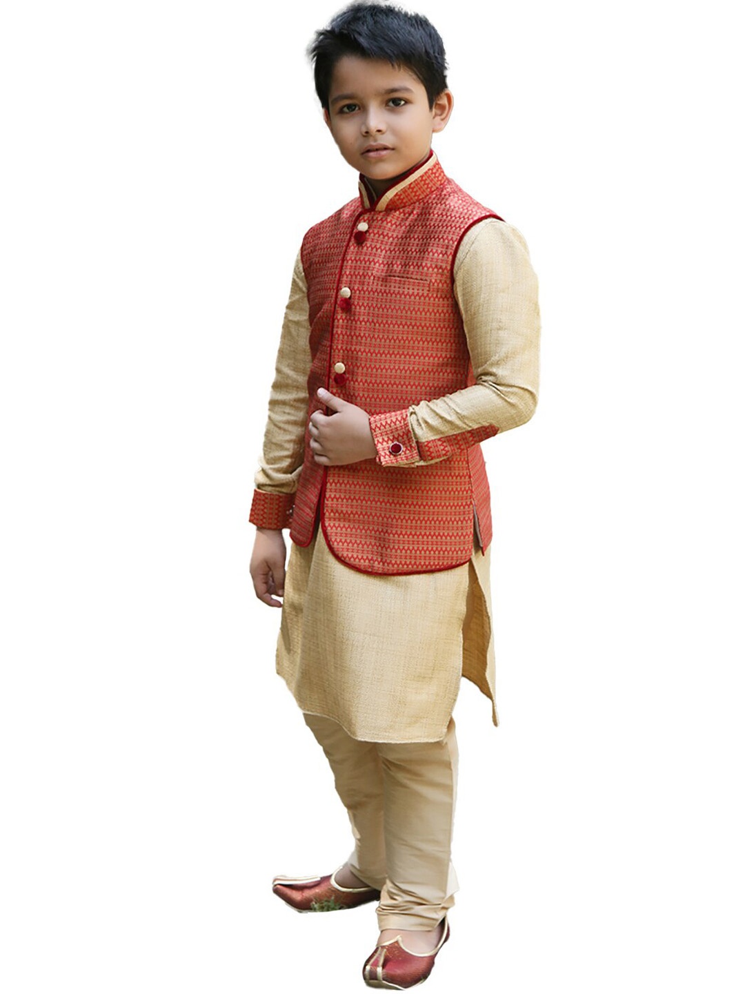Manyavar Boys Red Kurta and Churidar with Nehru Jacket