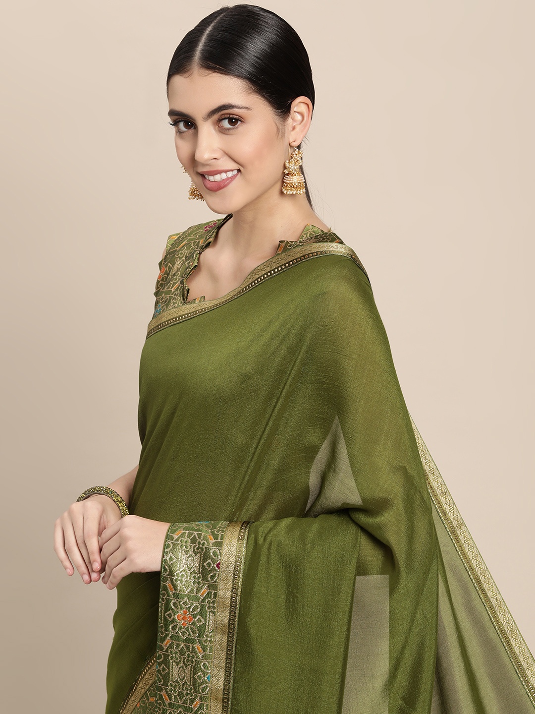 Mitera Olive Green Solid Saree