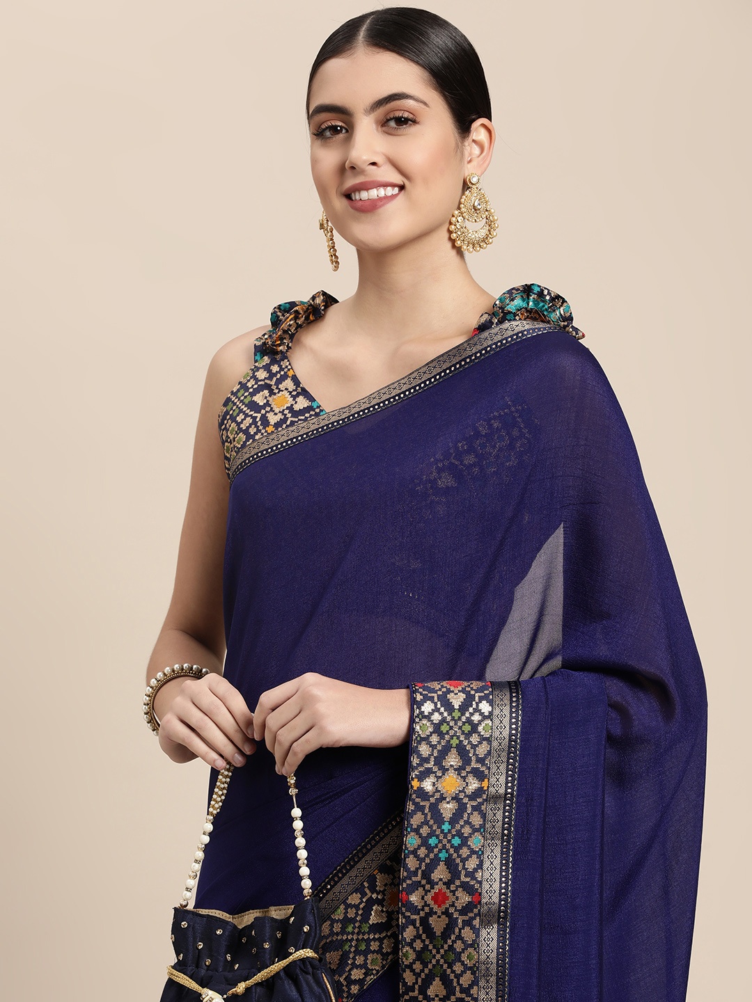 Mitera Navy Blue Solid Saree