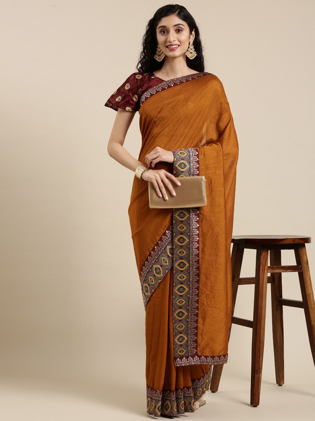 Mitera Mustard Brown Silk Blend Saree