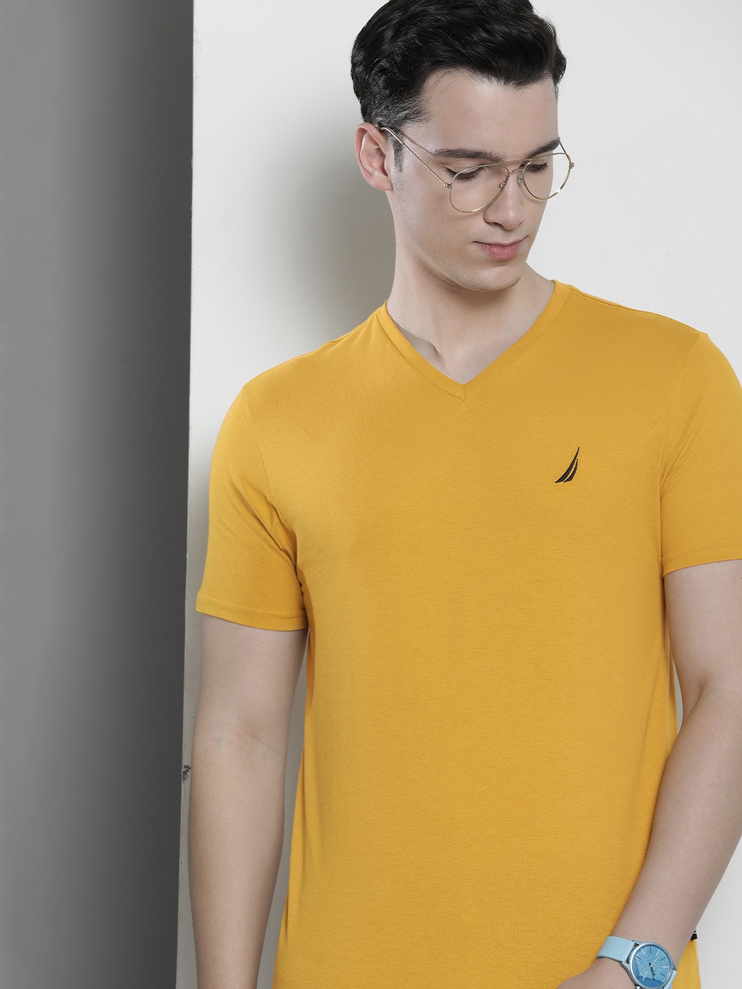 Nautica Men Solid V-Neck Pure Cotton T-shirt With Brand Logo Embroidered Detail, Mustard
Nautica Men Solid V-Neck Pure Cotton T-shirt With Brand Logo Embroidered Detail, Mustard