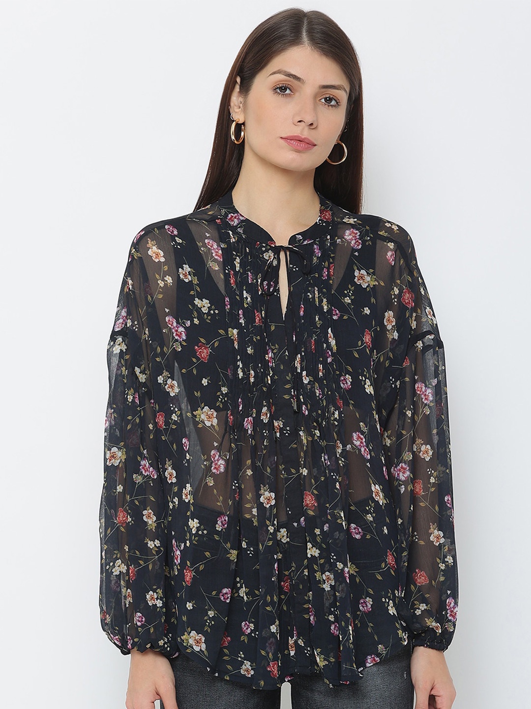 GUESS Pink Floral Print Tie-Up Neck Top