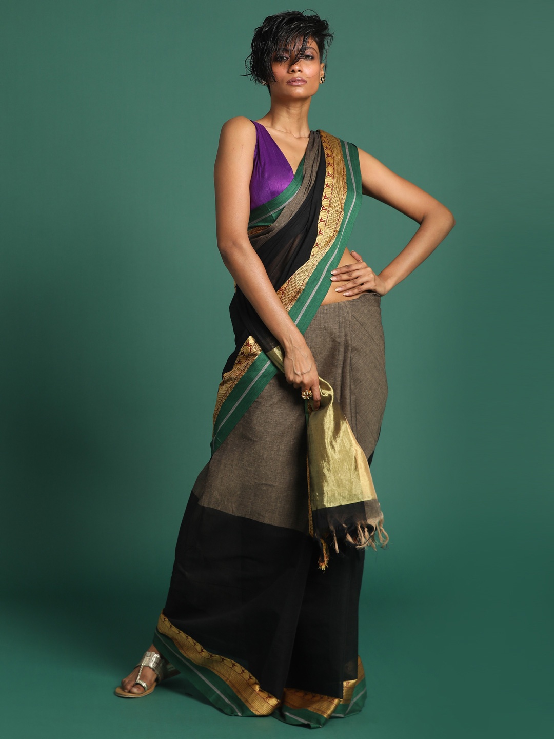 Indethnic Black & Gold-Toned Pure Cotton Mangalagiri Saree