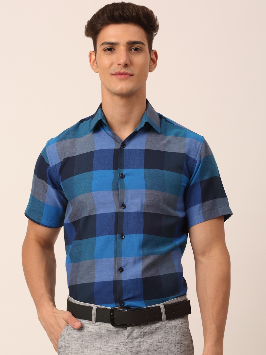 JAINISH Men Blue Standard Buffalo Checks Checked Formal Shirt