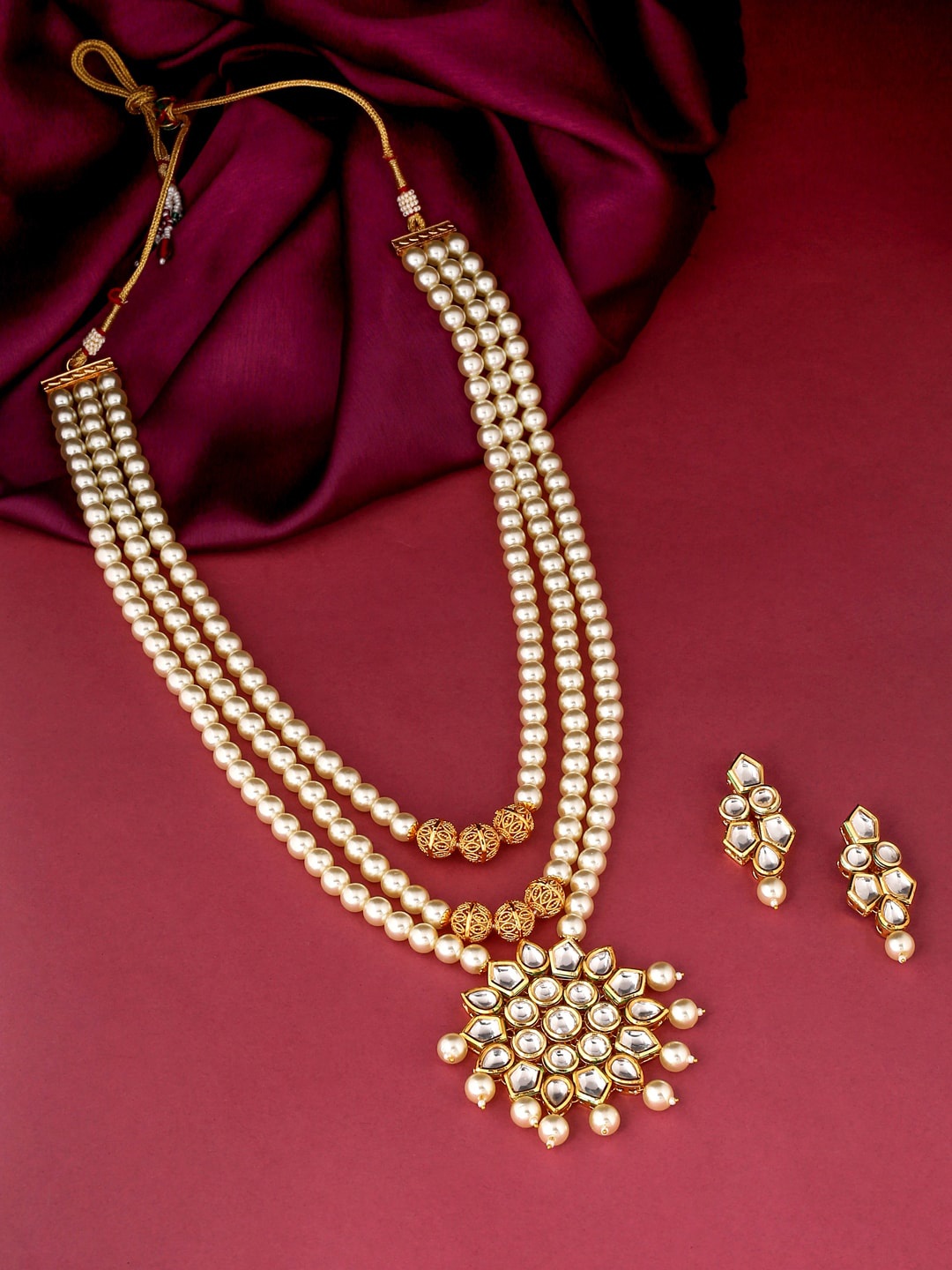 VIRAASI Gold-Plated White Kundan-Studded & Beaded Jewellery Set