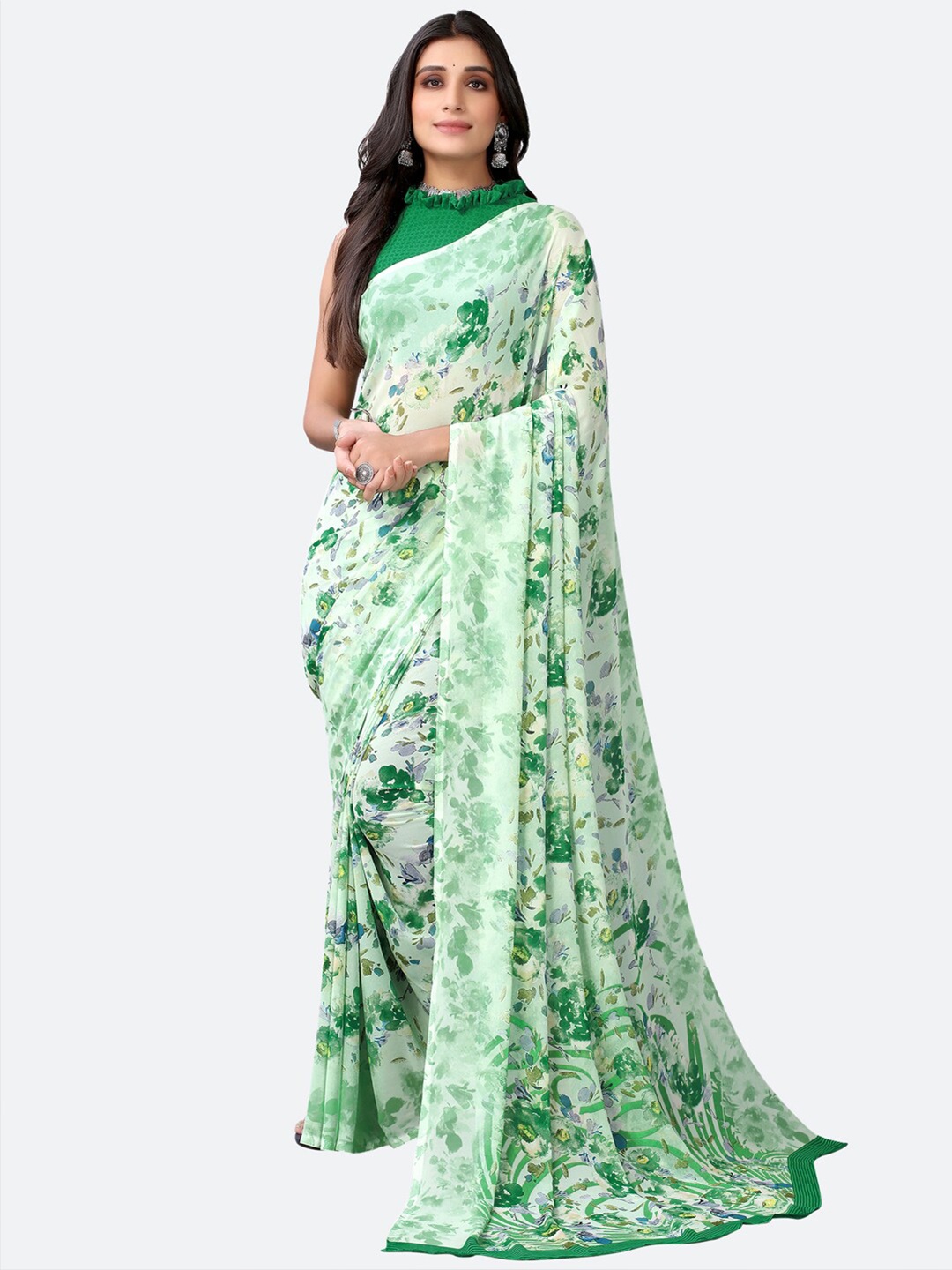 Satrani Green Floral Printed Saree