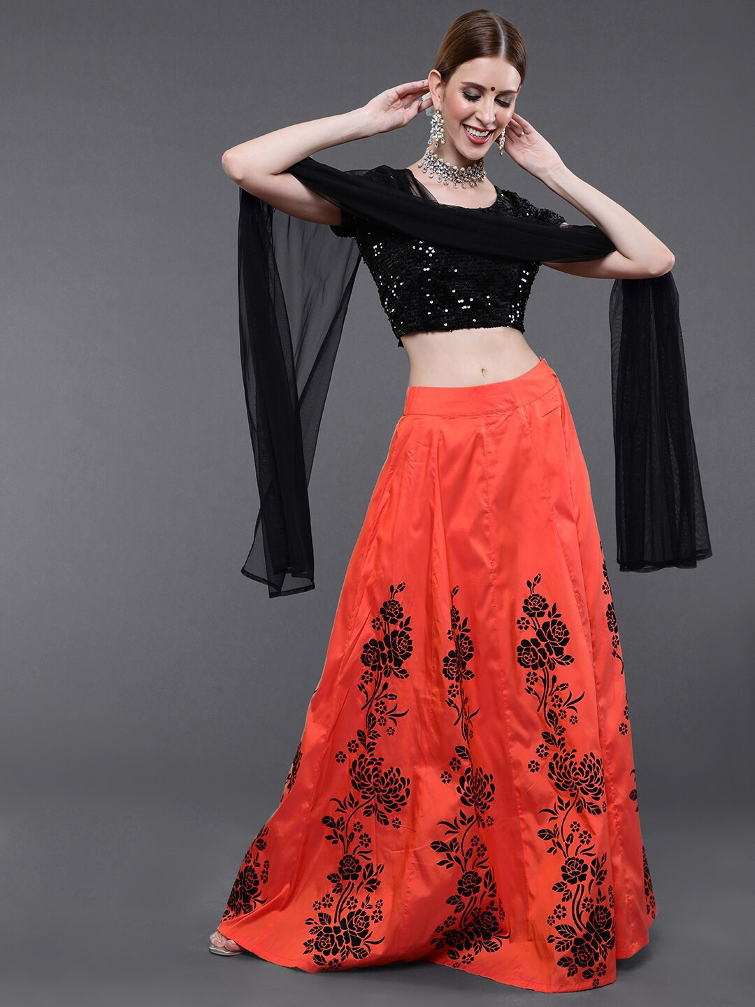 saubhagya Orange & Black Embellished Sequinned Ready to Wear Lehenga & Blouse With Dupatta
saubhagya Orange & Black Embellished Sequinned Ready to Wear Lehenga & Blouse With Dupatta