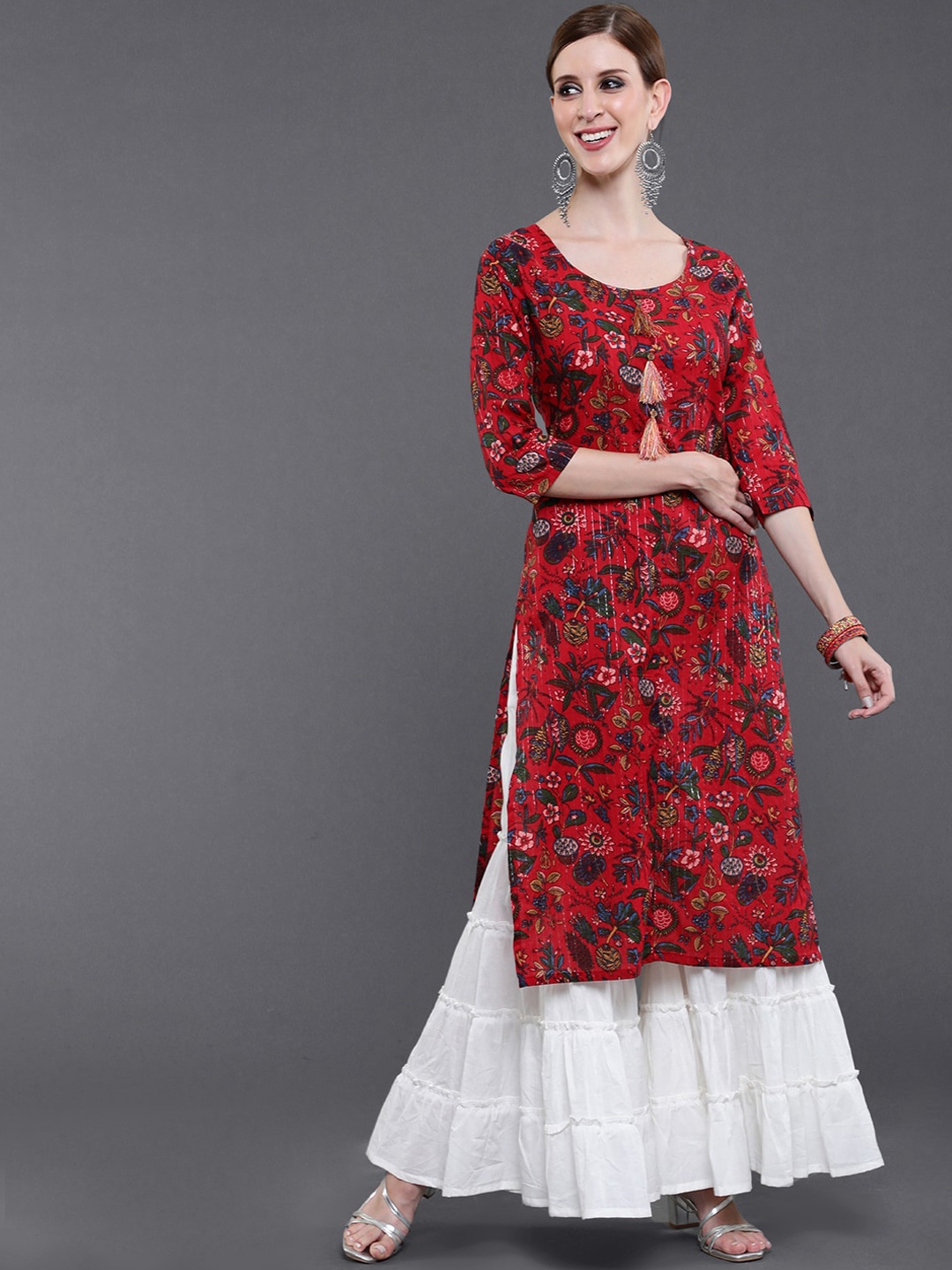 saubhagya Women Red Quirky Printed Mirror Work Anarkali Kurta