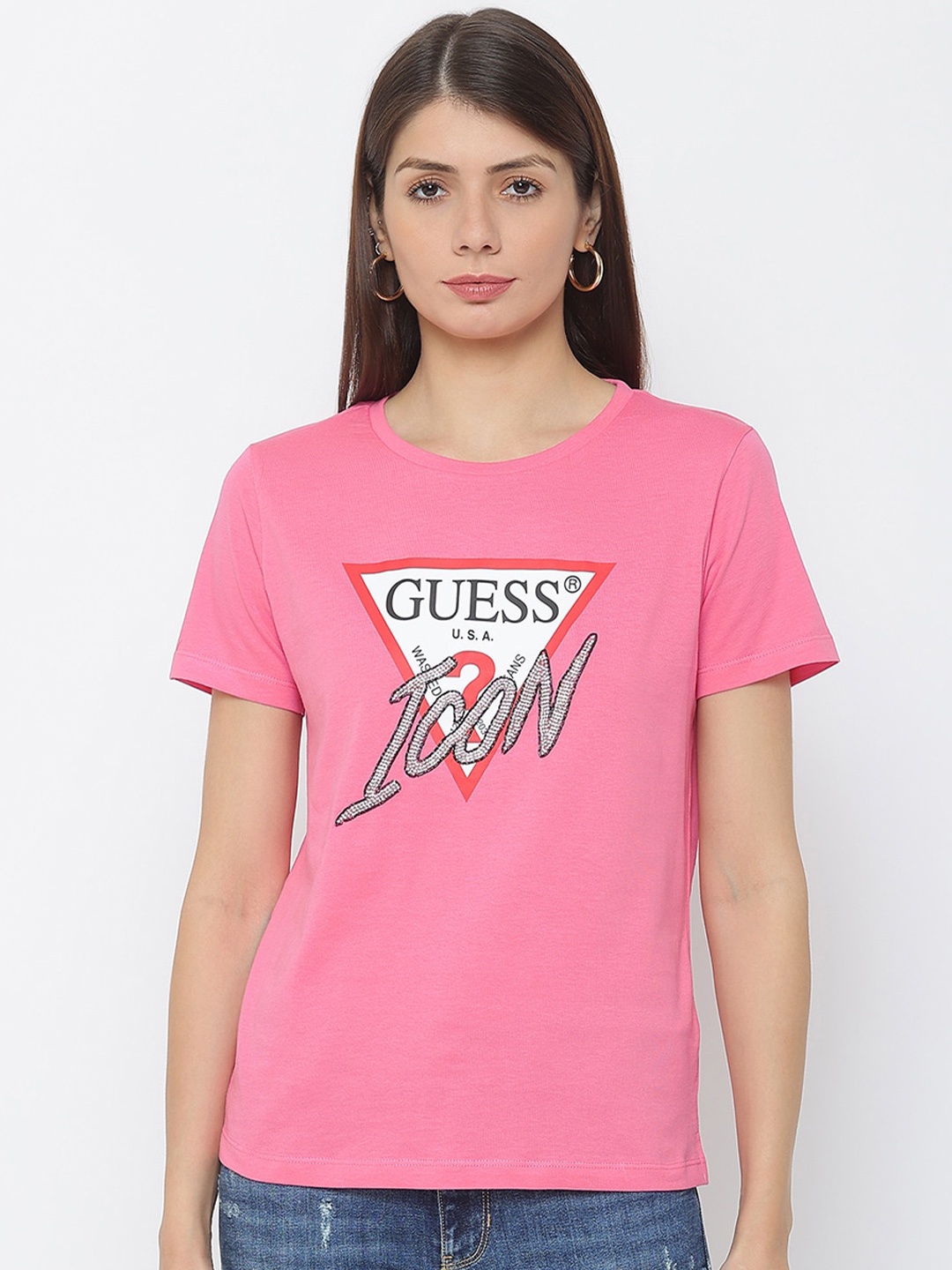 GUESS Women Pink Typography Printed Outdoor T-shirt