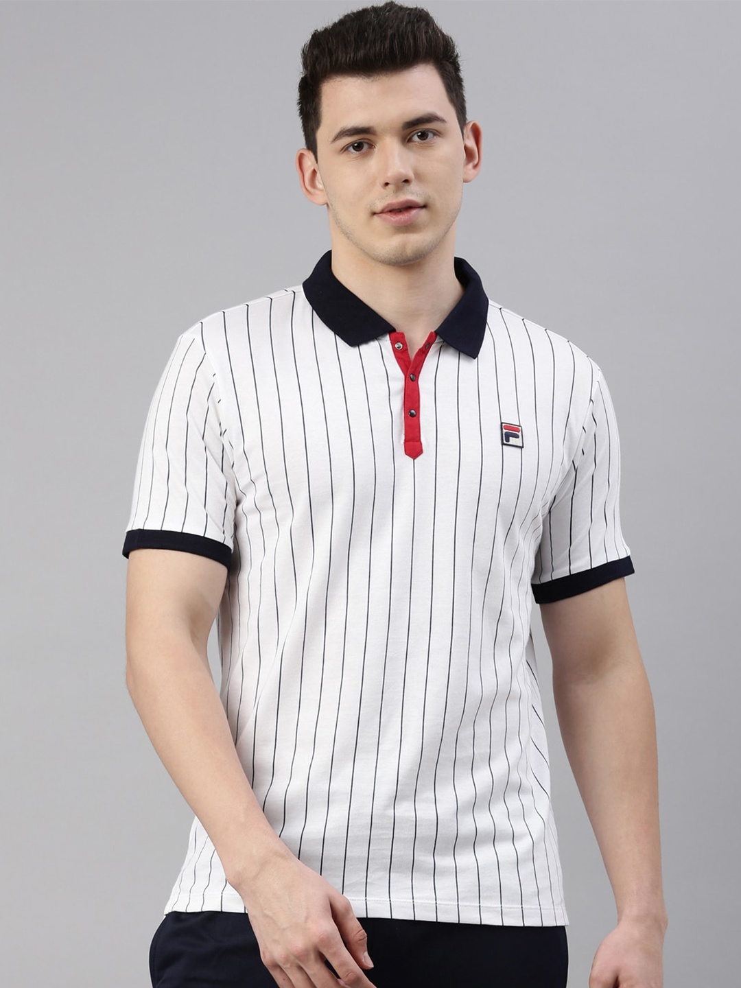FILA Men White Striped Polo Collar Organic Cotton Applique Training or Gym T-shirt
FILA Men White Striped Polo Collar Organic Cotton Applique Training or Gym T-shirt