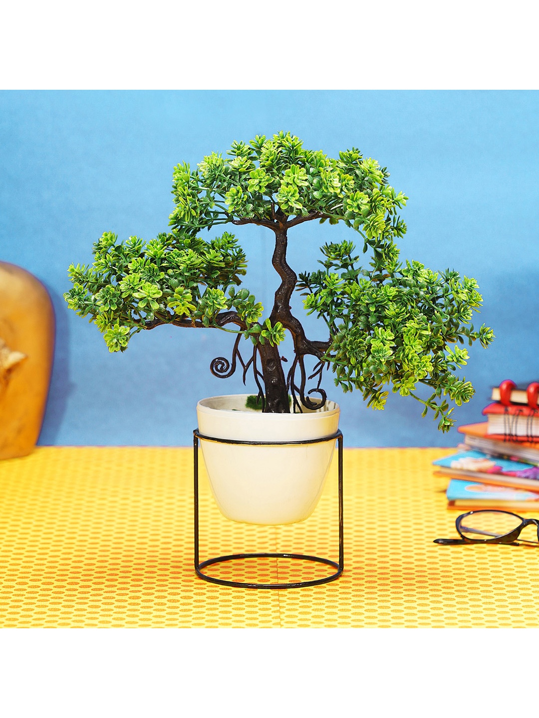 Dekorly Green & White Wild Artificial Bonsai Plant With Stand