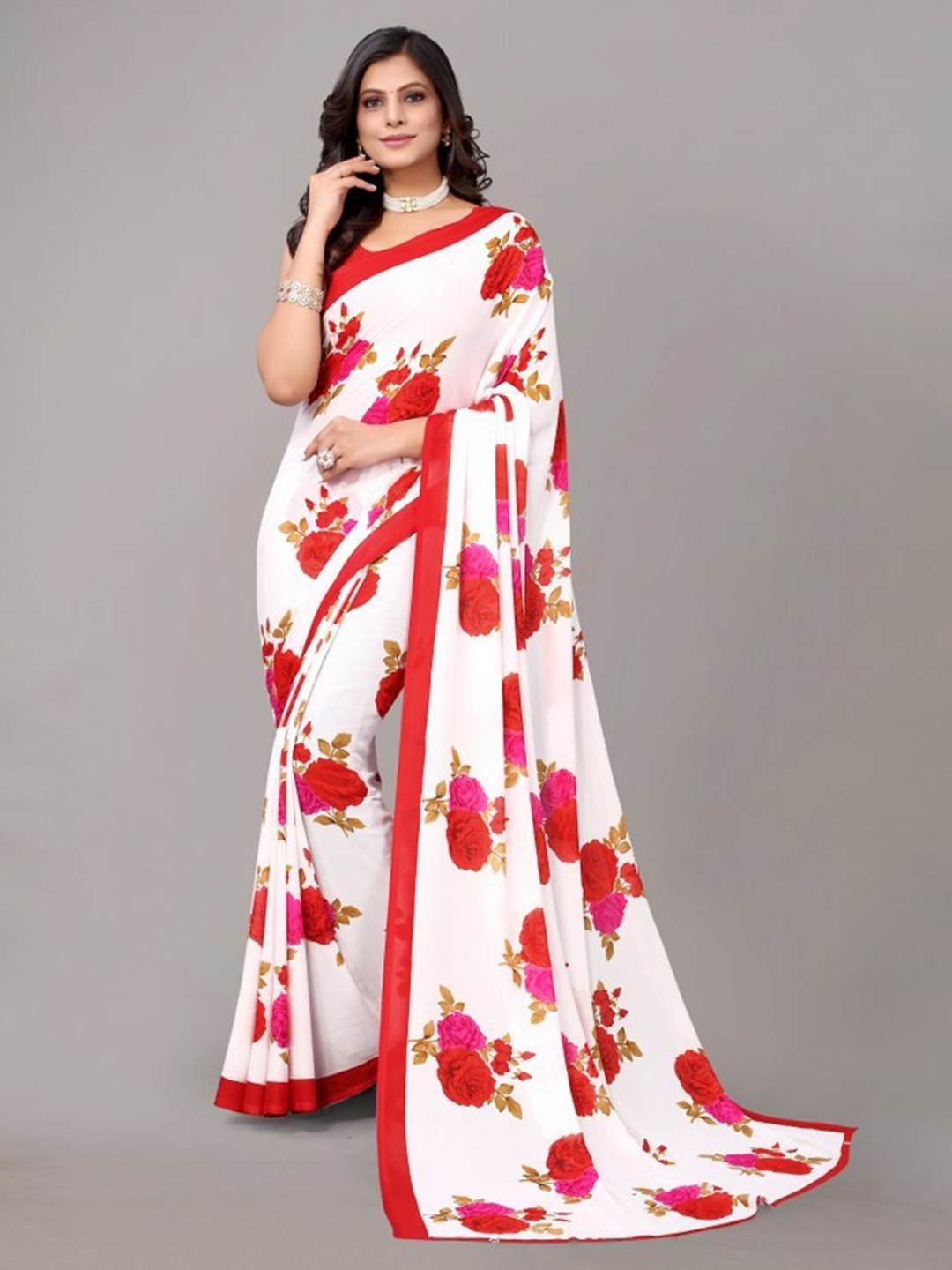 Yashika White & Red Floral Printed Saree