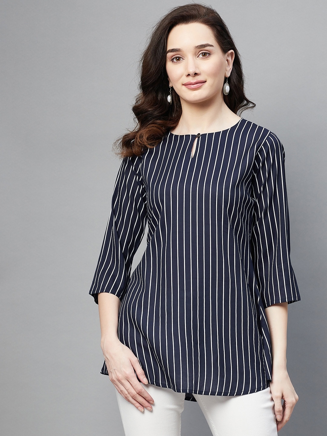 Aarika Women Navy Blue & White Pure Cotton Striped Top