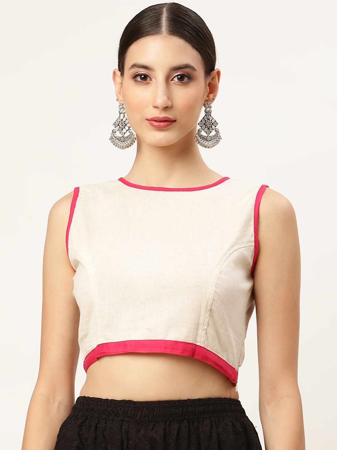 Molcha Women White & Pink Cotton Saree Blouse, Off white