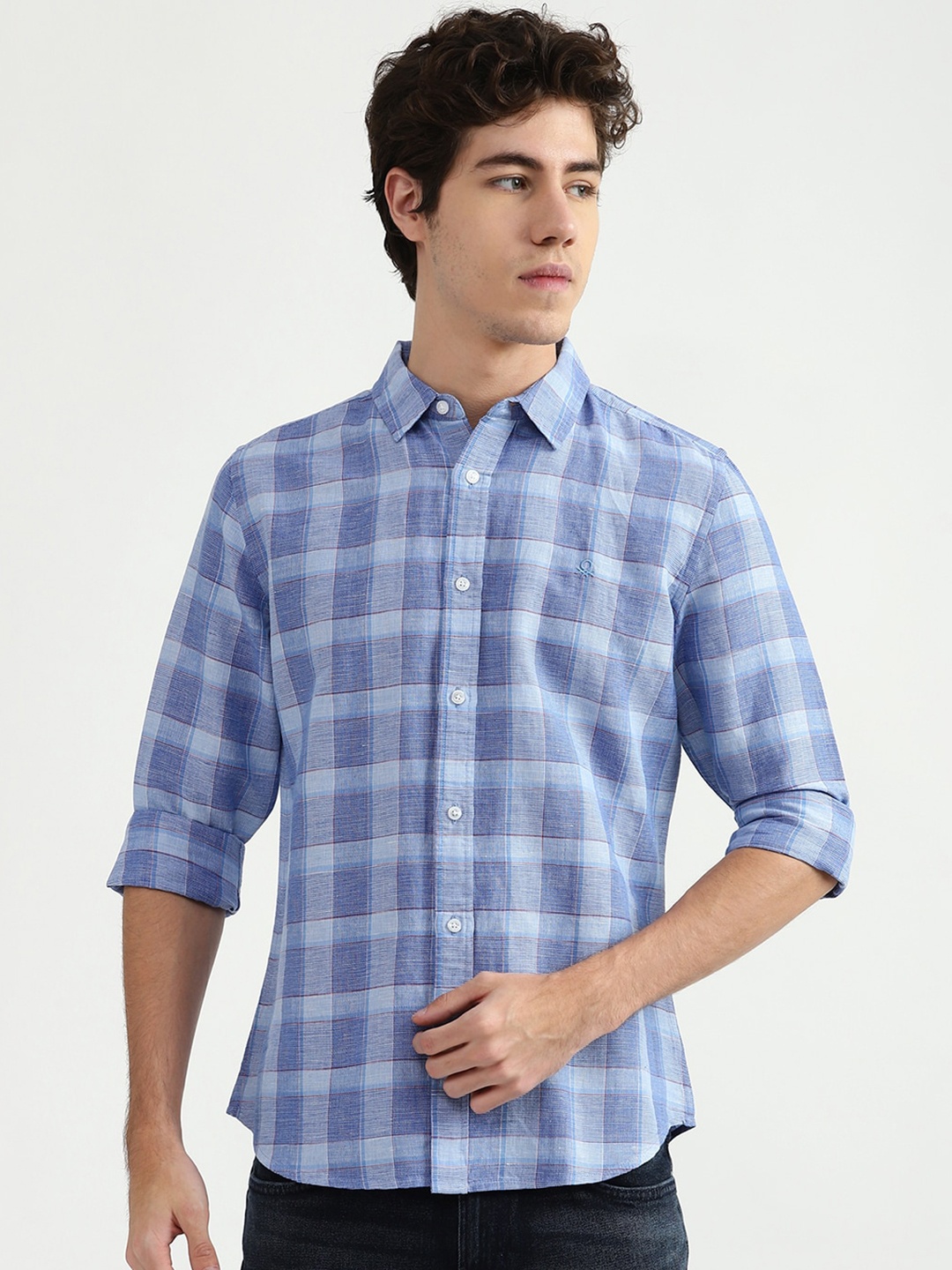 United Colors of Benetton Men Blue Checked Casual Shirt