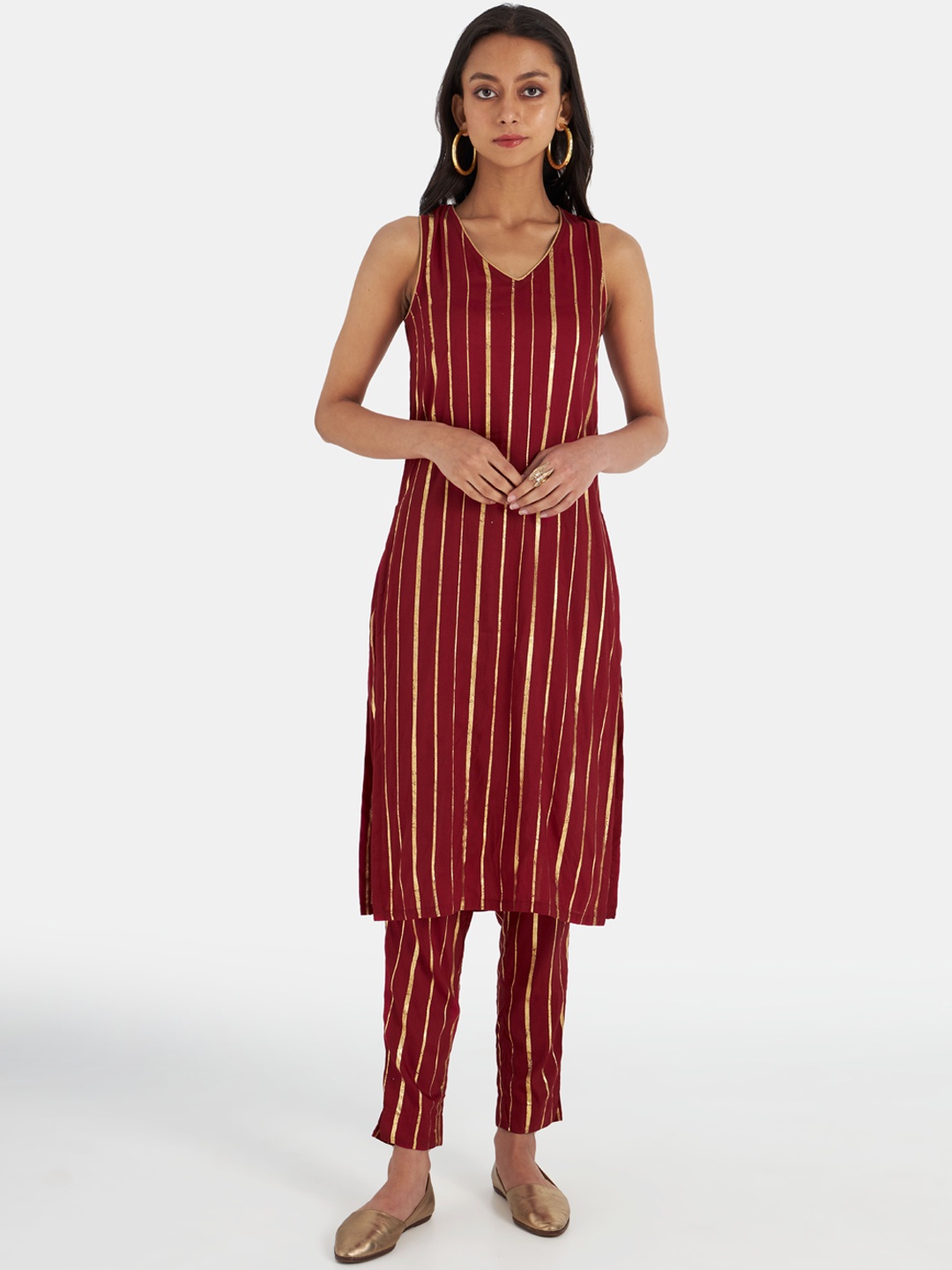 Suta Women Maroon Striped Kurta with Trousers