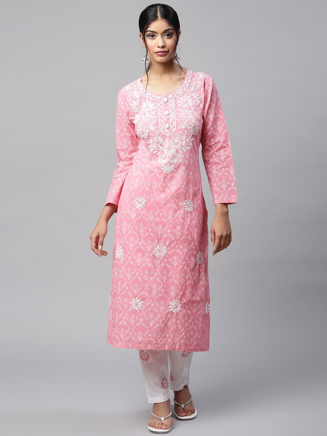 Readiprint Fashions Women Pink Floral Embroidery Chikankari Cotton Straight Kurta Palazzos
Readiprint Fashions Women Pink Floral Embroidery Chikankari Cotton Straight Kurta Palazzos