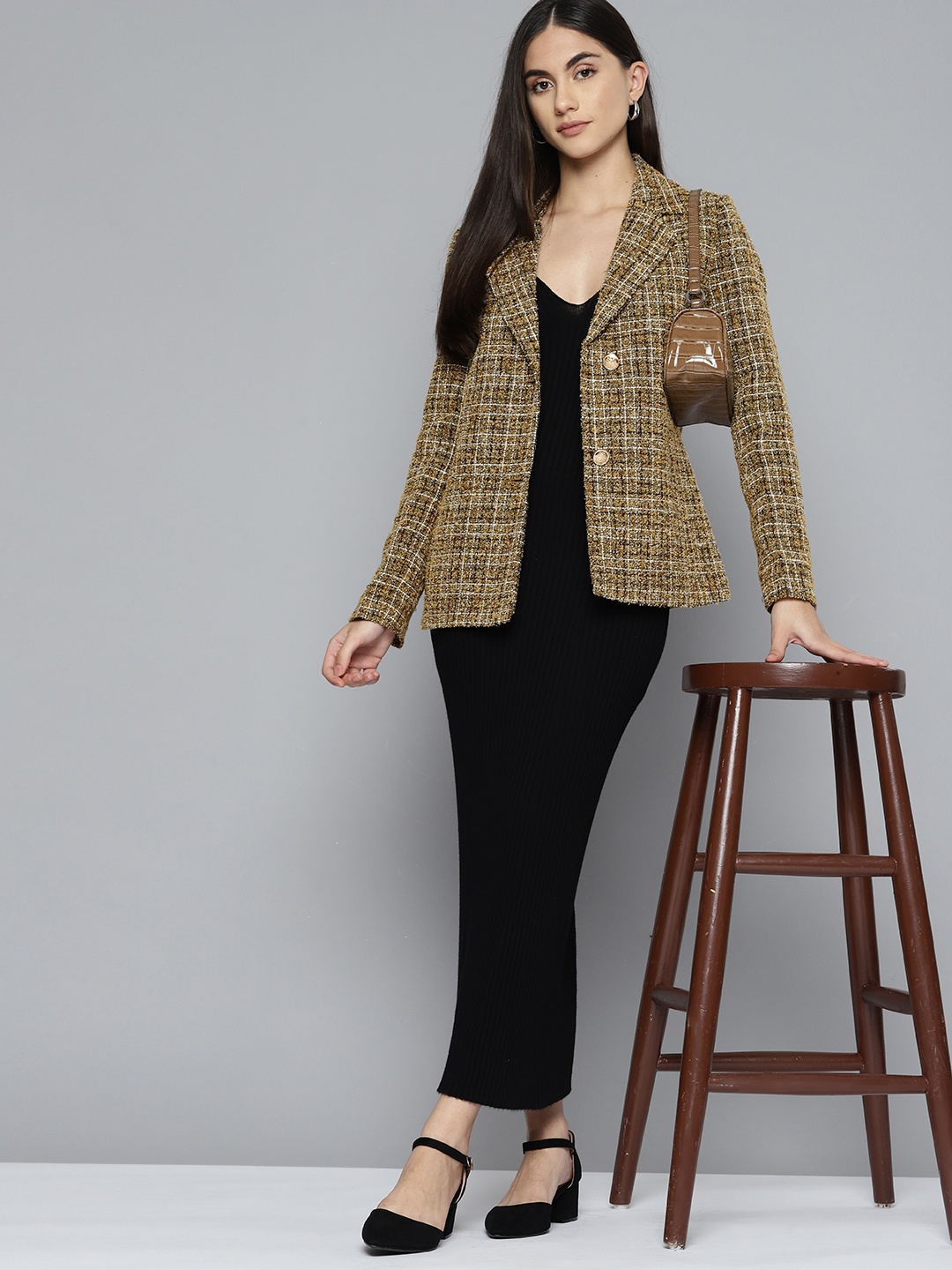 Chemistry Women Khaki & Off-White Tweed Single-Breasted Blazer