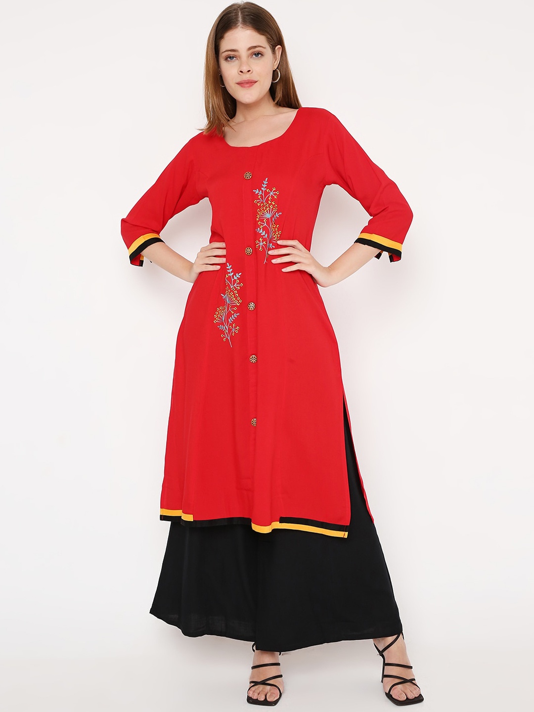 Peppertree Red Floral Embroidered Thread Work Kurta