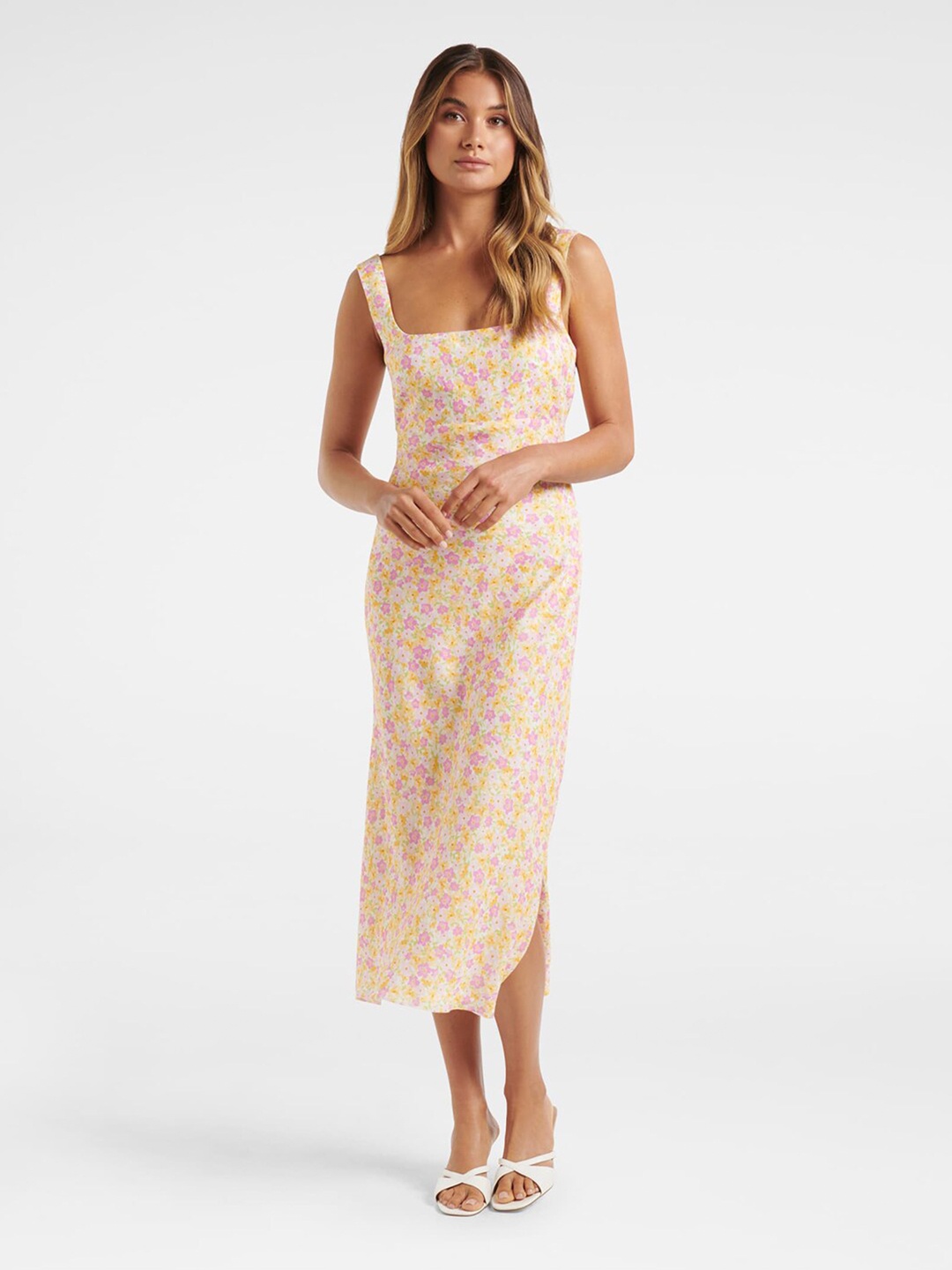 Forever New Pink Floral Printed Linen A-Line Midi Dress