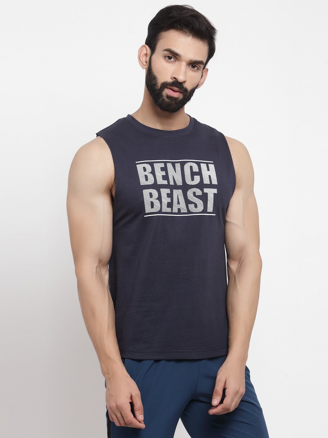 Invincible Men Navy Blue & Grey Typography Printed Slim Fit T-shirt