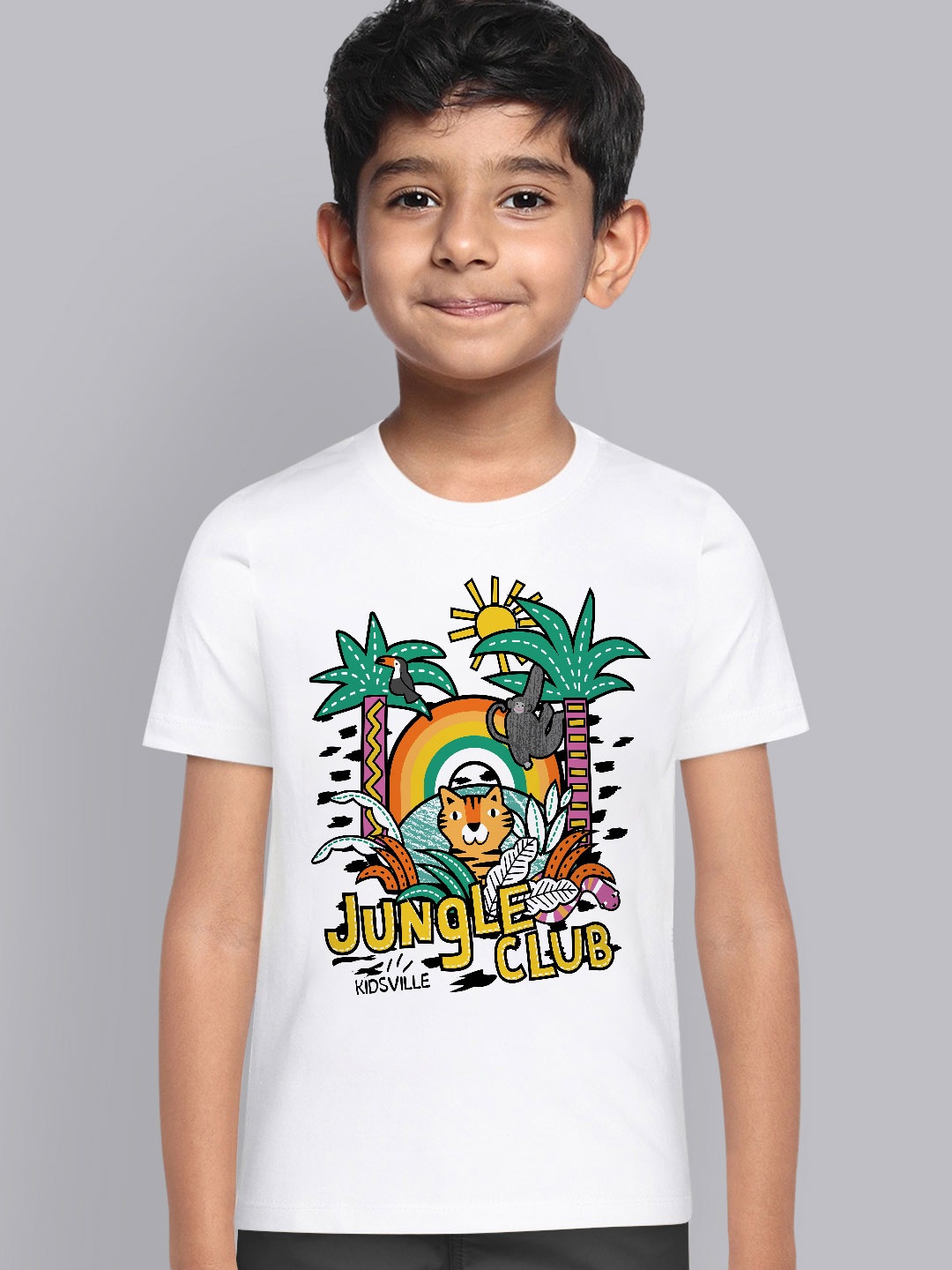 Kids Ville Boys White Printed Pure Cotton T-shirt